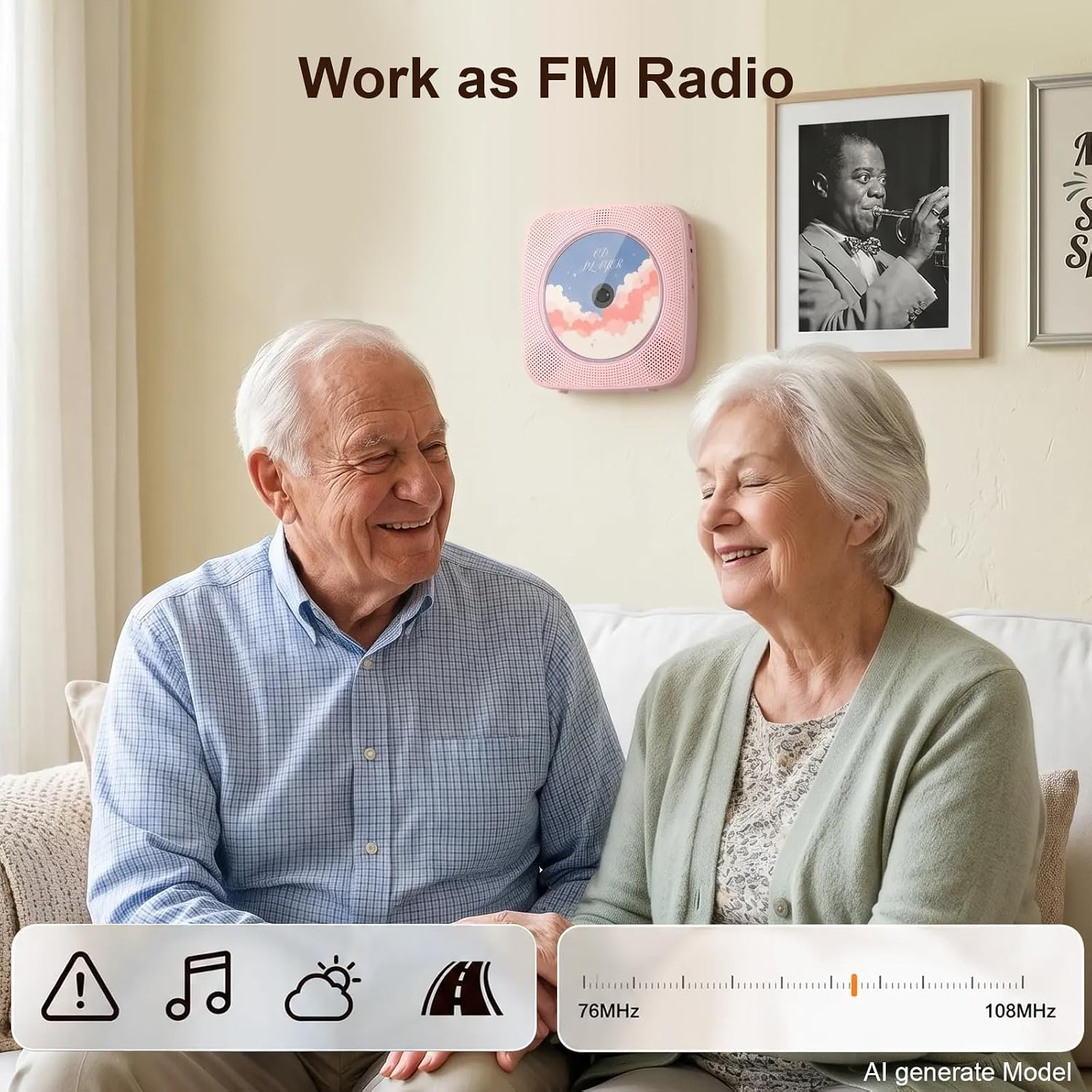 Älteres Paar lacht, eine CD-Player-Radioeinheit hängt an der Wand.