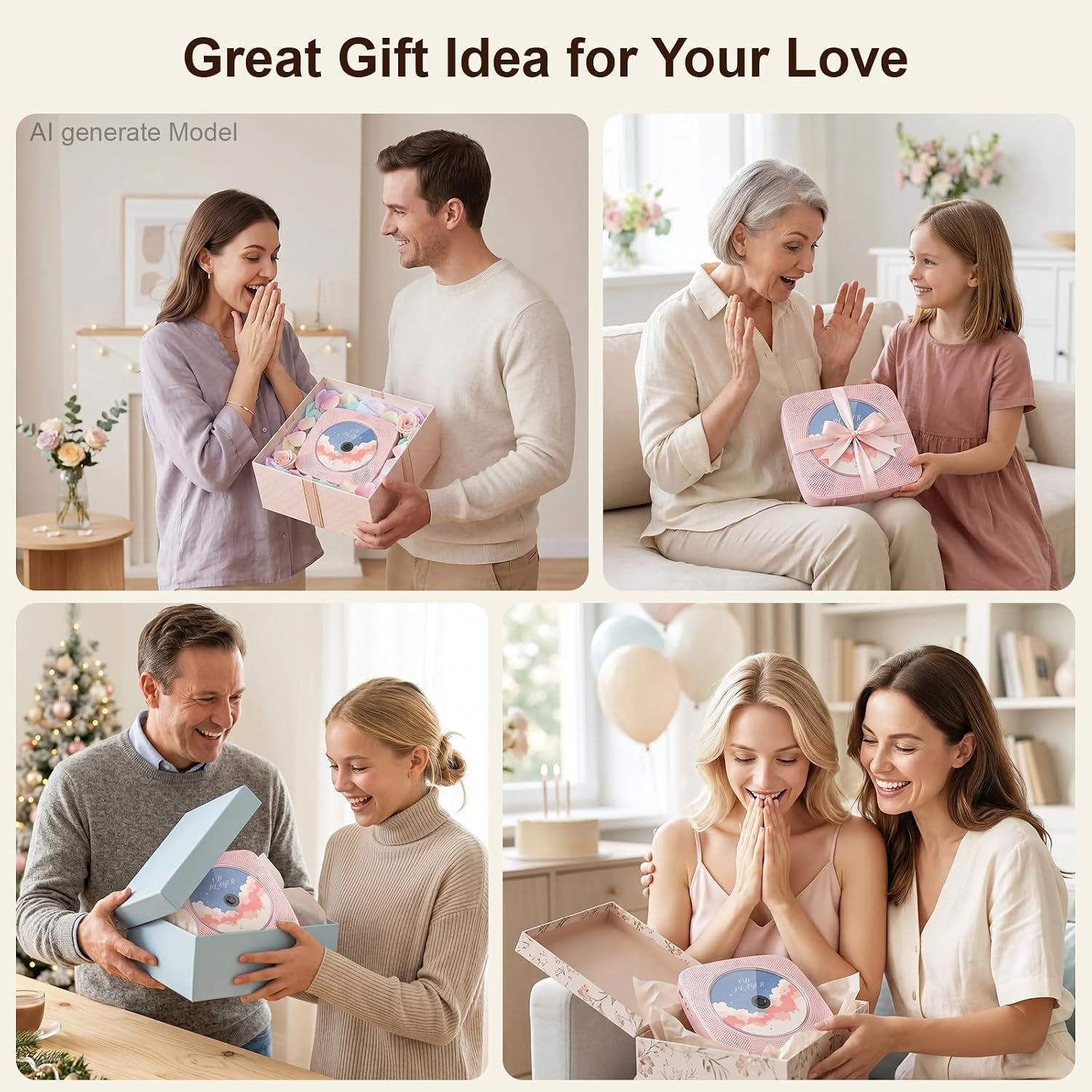 Vier Szenen, in denen Menschen Geschenke erhalten und sich freuen.