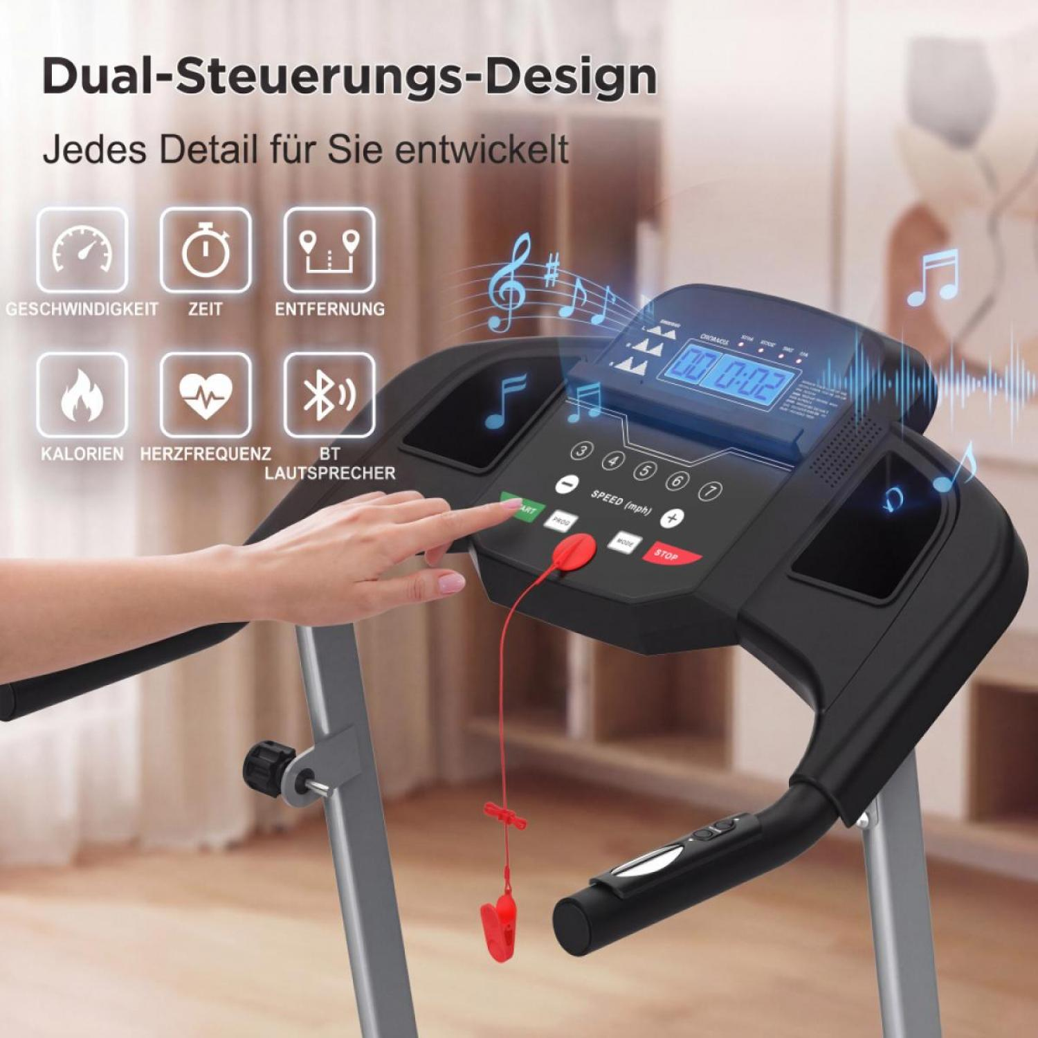 Ein Laufband mit Bedienfeld, das Geschwindigkeit, Zeit und Distanz anzeigt. Eine Hand drückt den Startknopf.