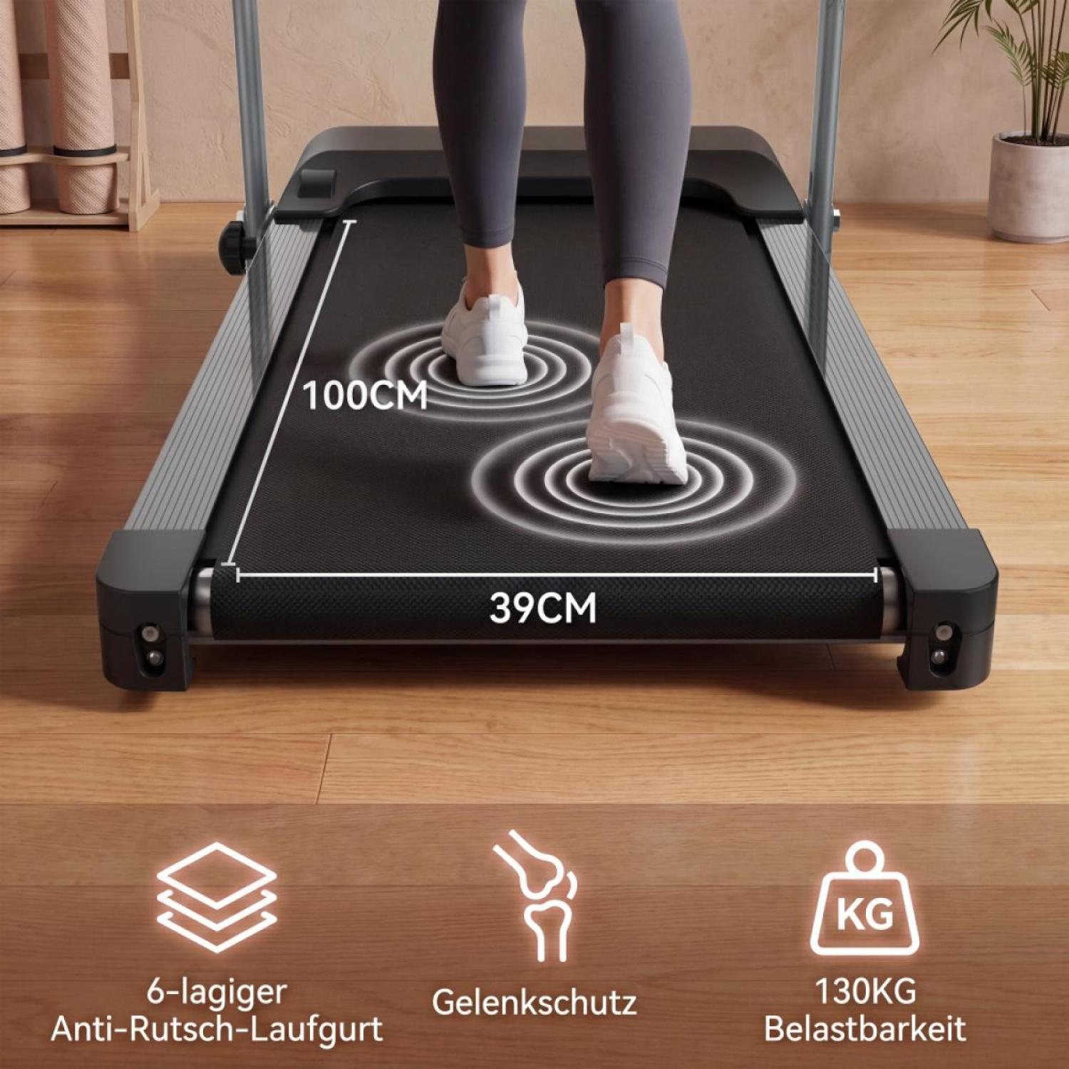 Person auf Laufband mit 100cm Länge, 39cm Breite, 6 Lagen, Gelenkschutz, 130kg.