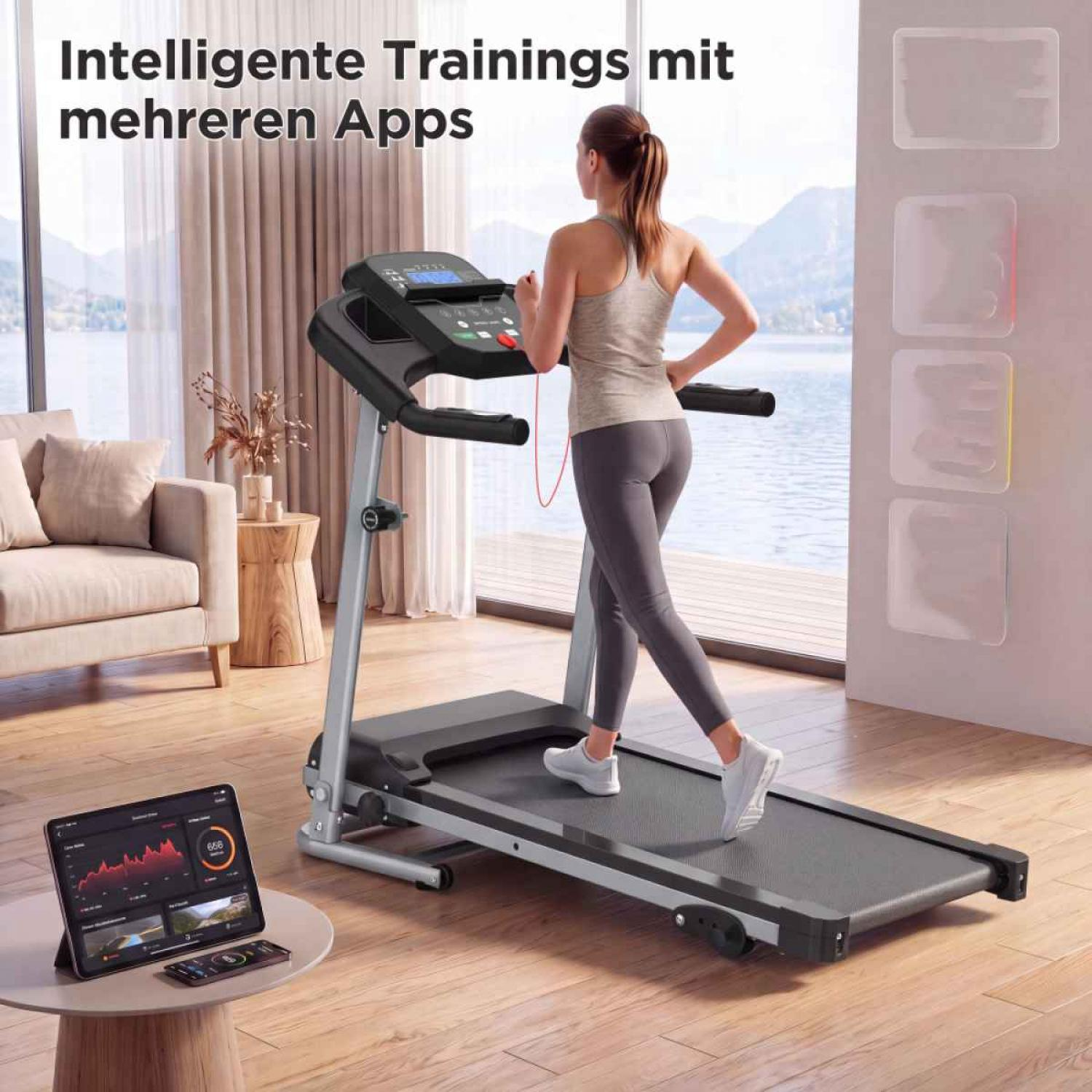 Frau auf Laufband vor Fenster, Tablet zeigt Trainingsdaten an.