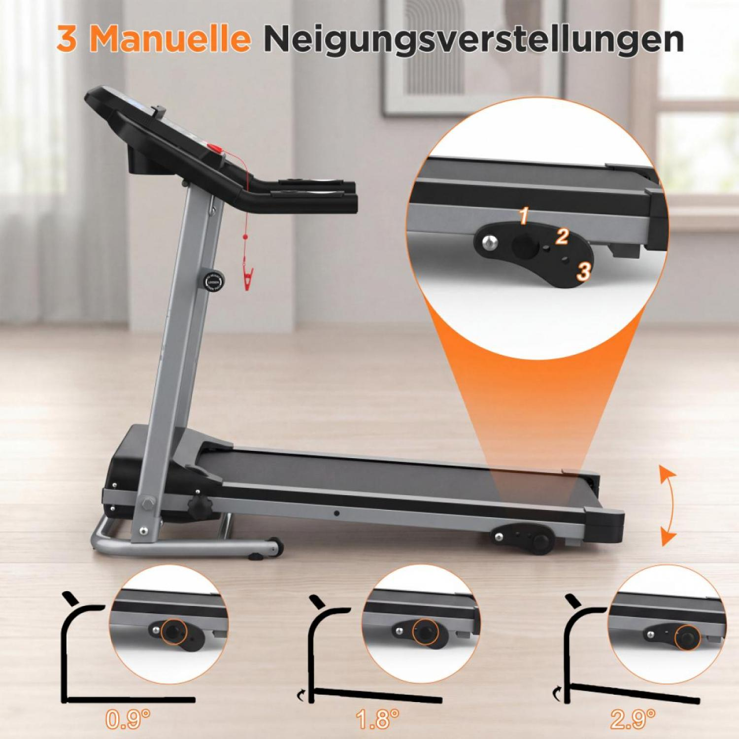 Ein Laufband mit drei manuellen Neigungseinstellungen, gezeigt in Nahaufnahmen.