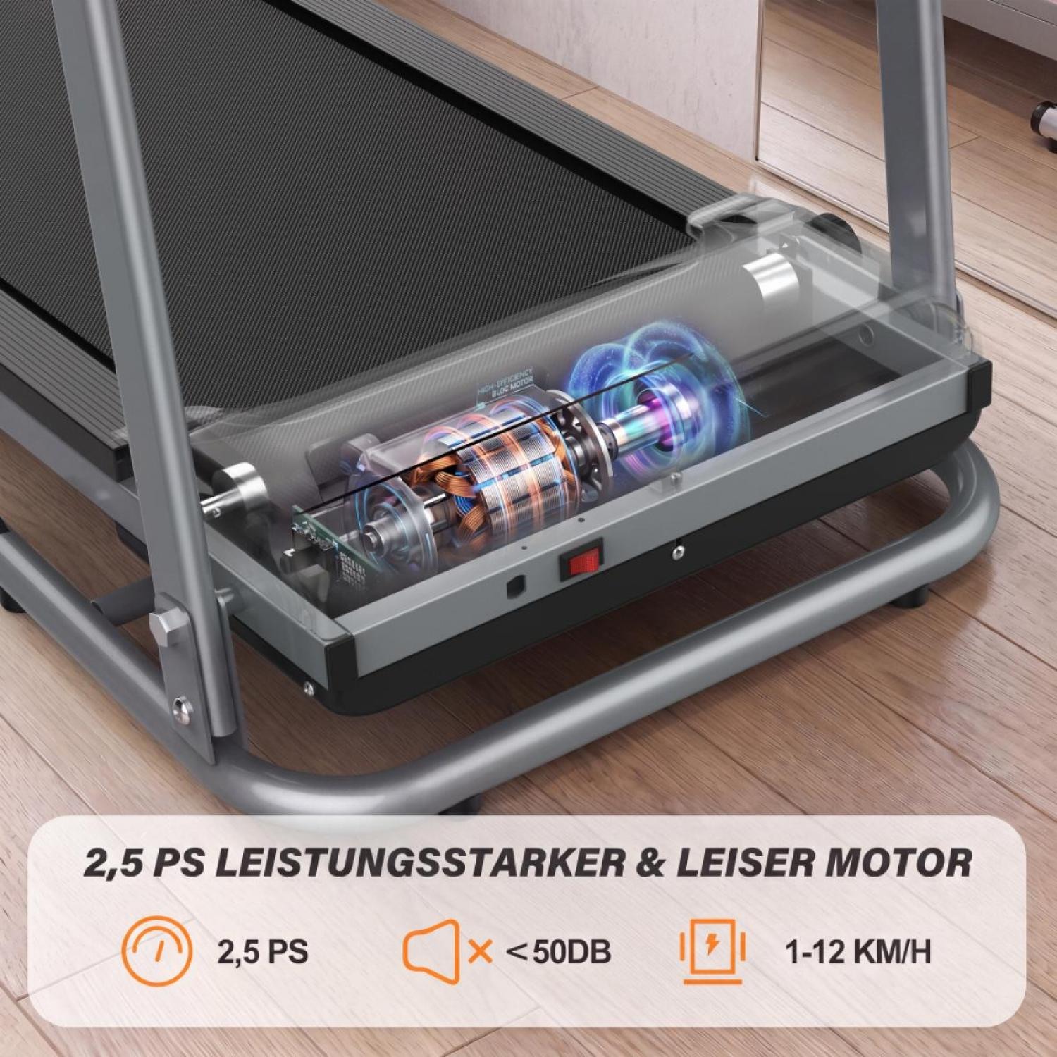 Treadmill motor with 2,5 PS, less than 50dB, and 1-12 km/h speed.