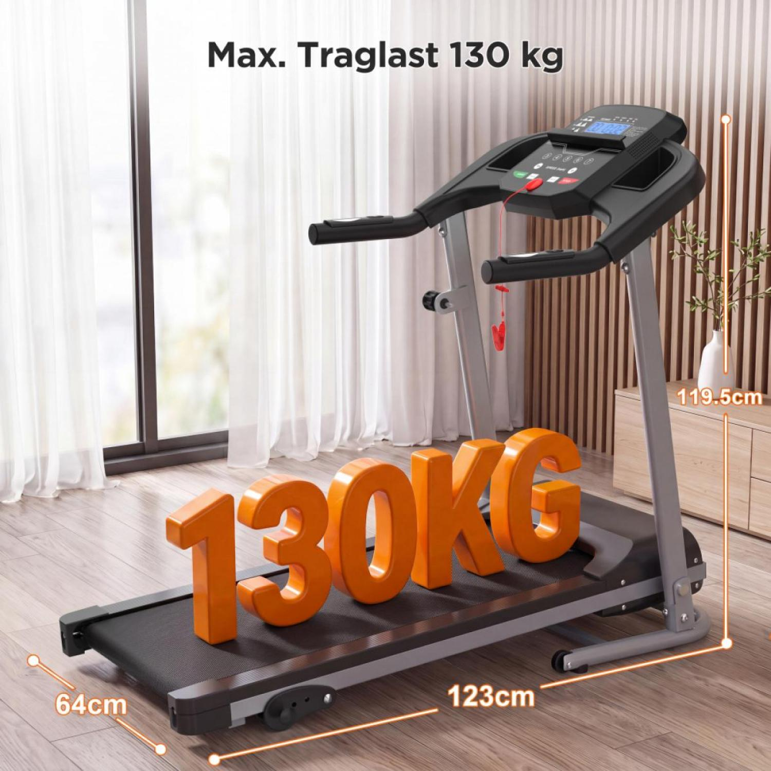 Laufband mit 130 kg Maximalgewicht, 123cm Länge, 64cm Breite, 119.5cm Höhe.