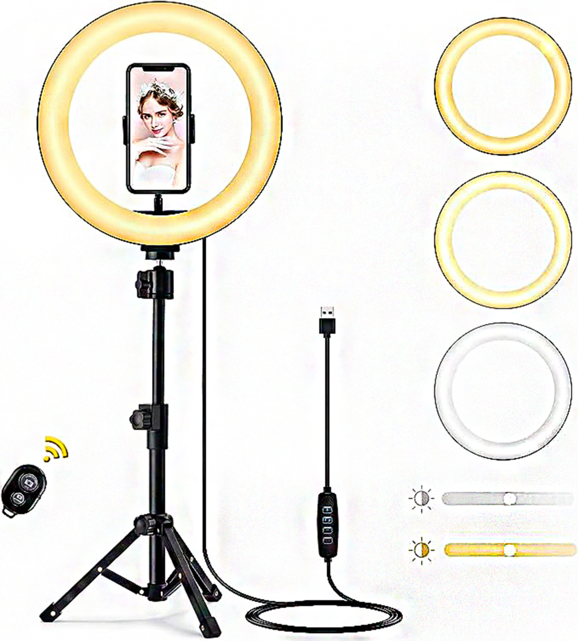 Ringlicht mit Handyhalterung, Fernbedienung und USB-Kabel.
