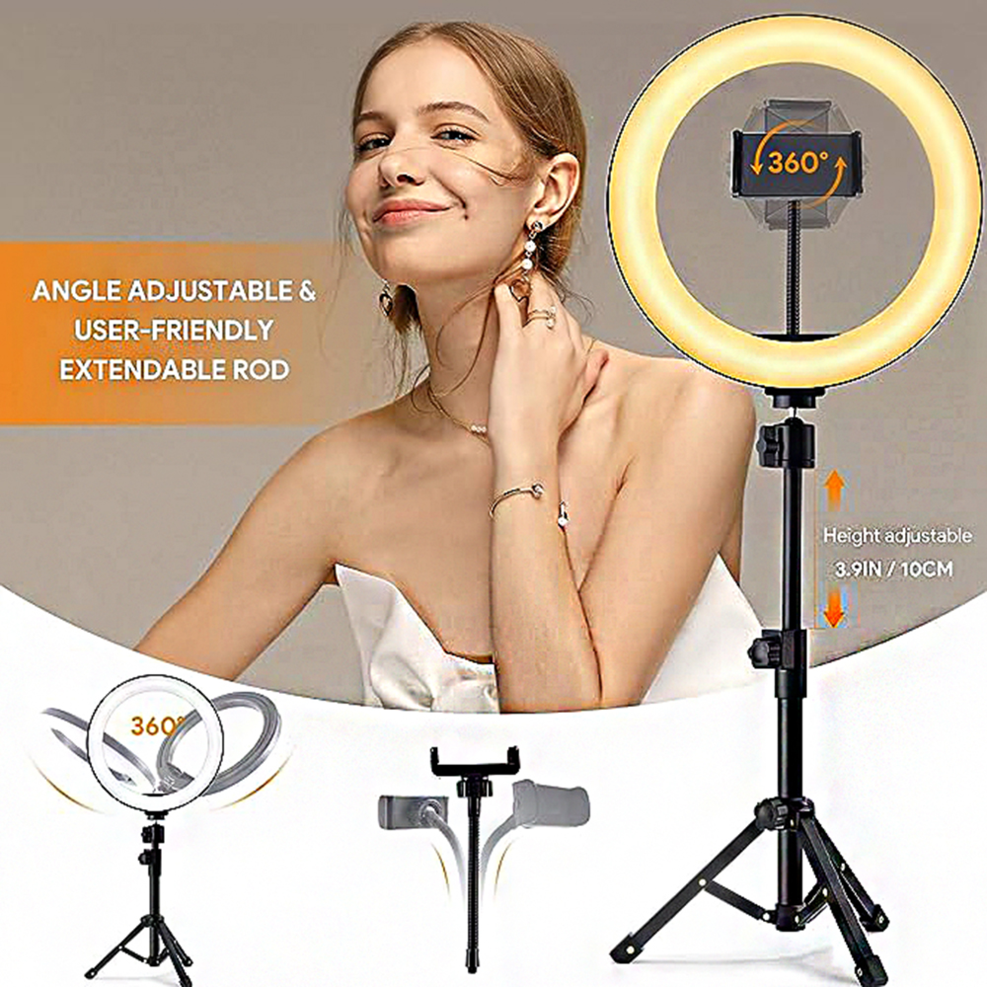 Frau mit Ringlicht, das 360 Grad drehbar und höhenverstellbar ist.