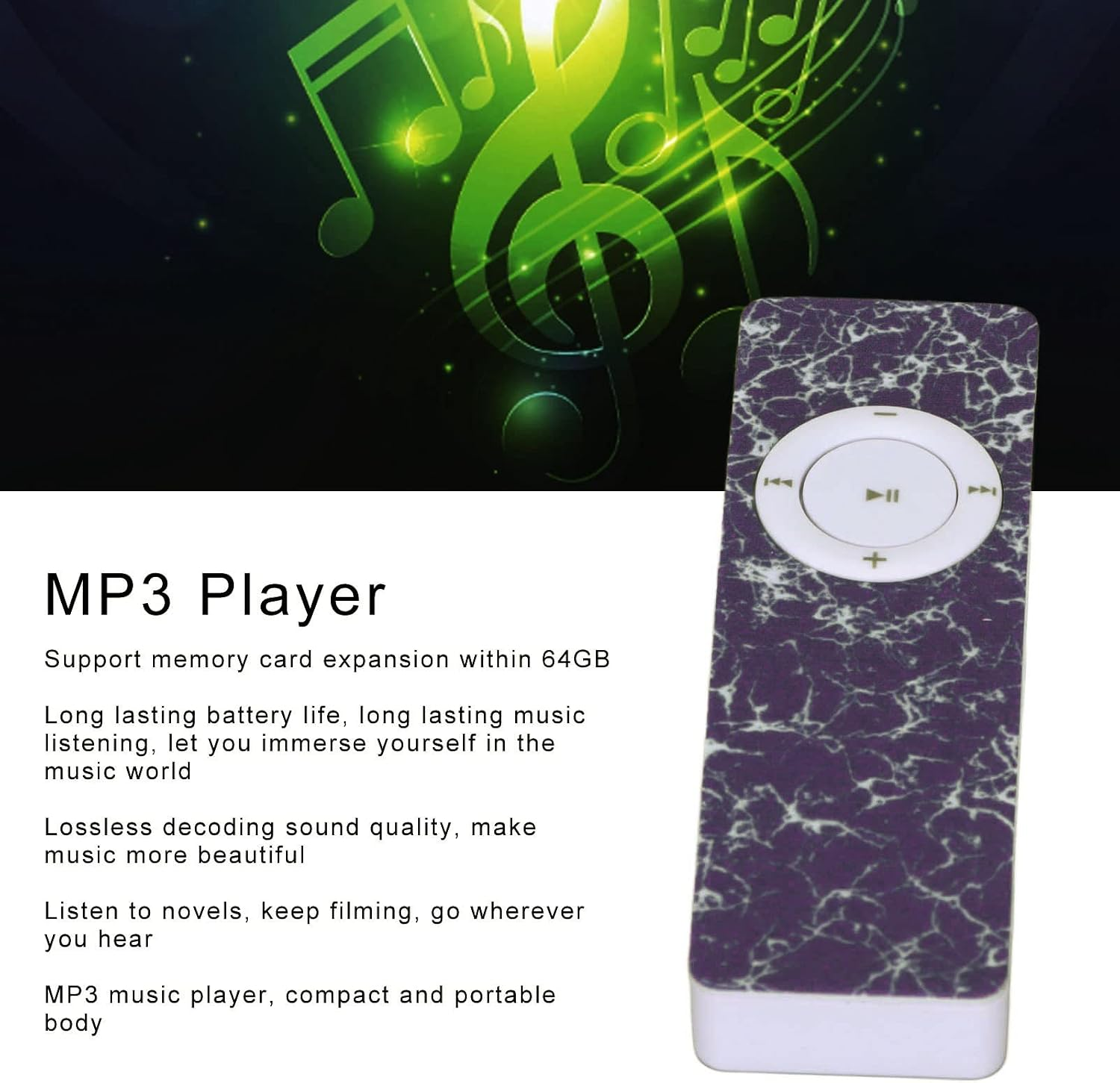 Lila MP3-Player mit weißen Tasten auf dunklem Hintergrund mit grünen Musiknoten.