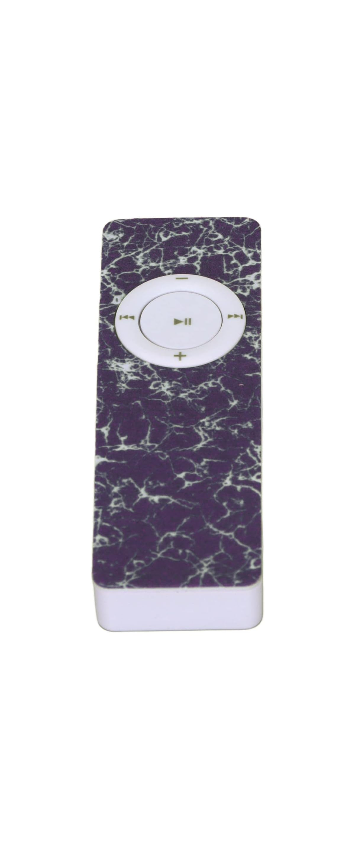 Ein violetter MP3-Player mit Marmormuster und weißen Bedienelementen.