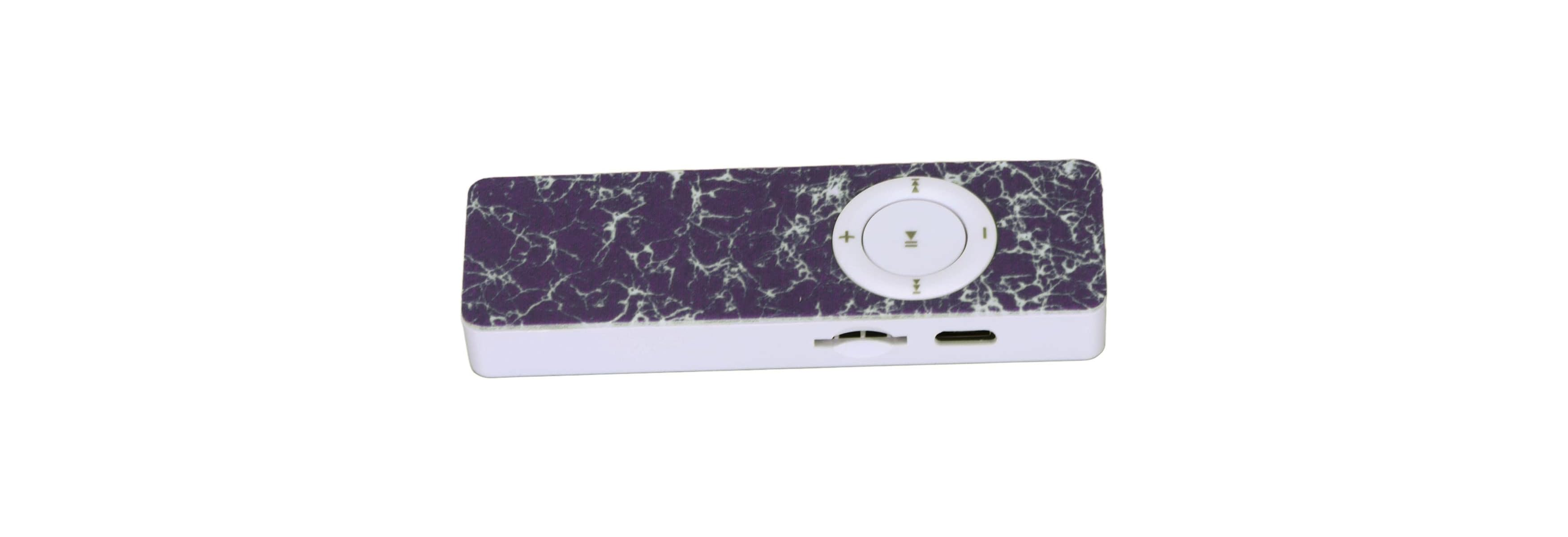 Ein violetter MP3-Player mit Marmormuster und Bedienknöpfen.