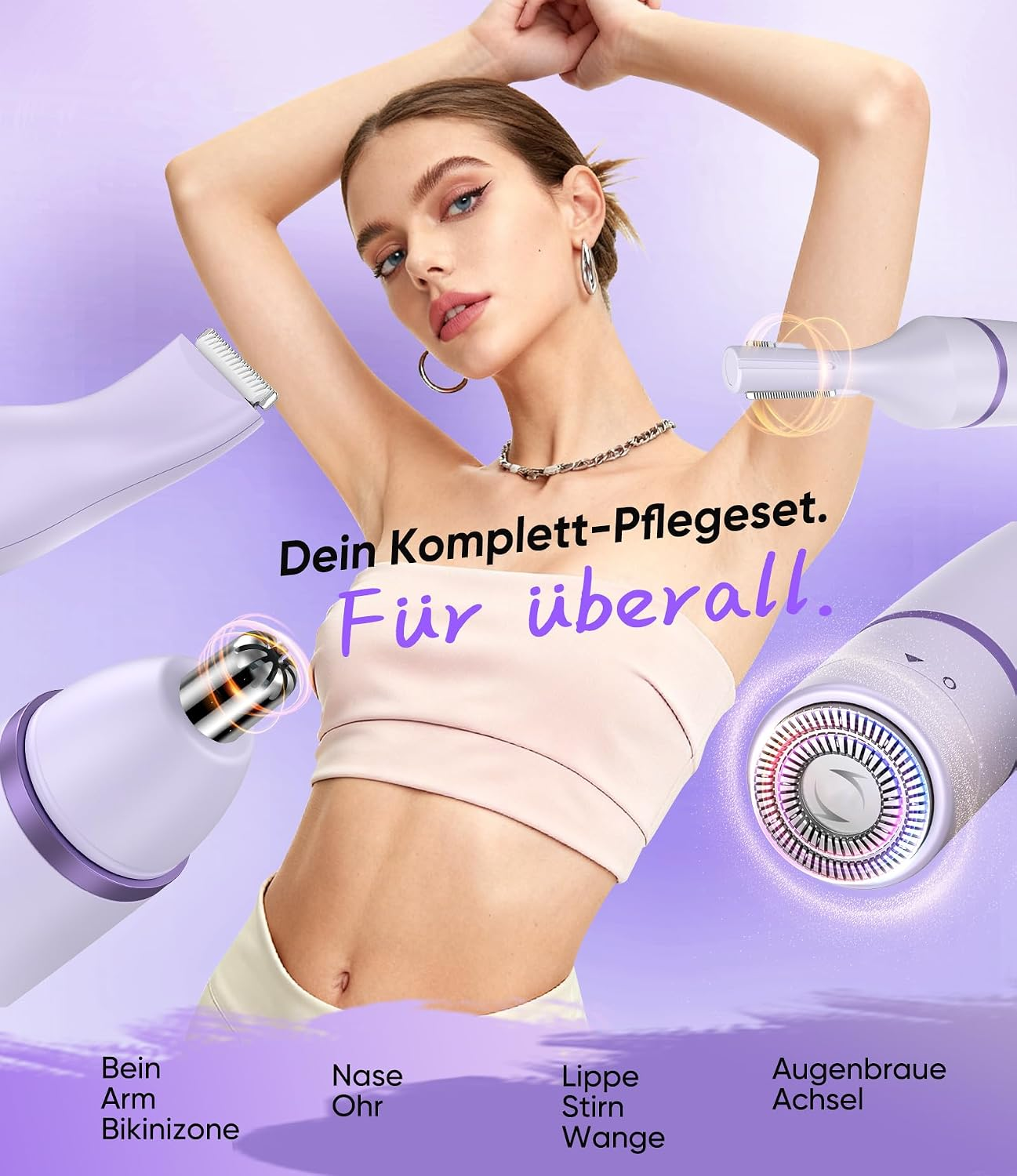 Eine Frau wirbt für ein Hautpflegegerät, das für verschiedene Körperteile geeignet ist.