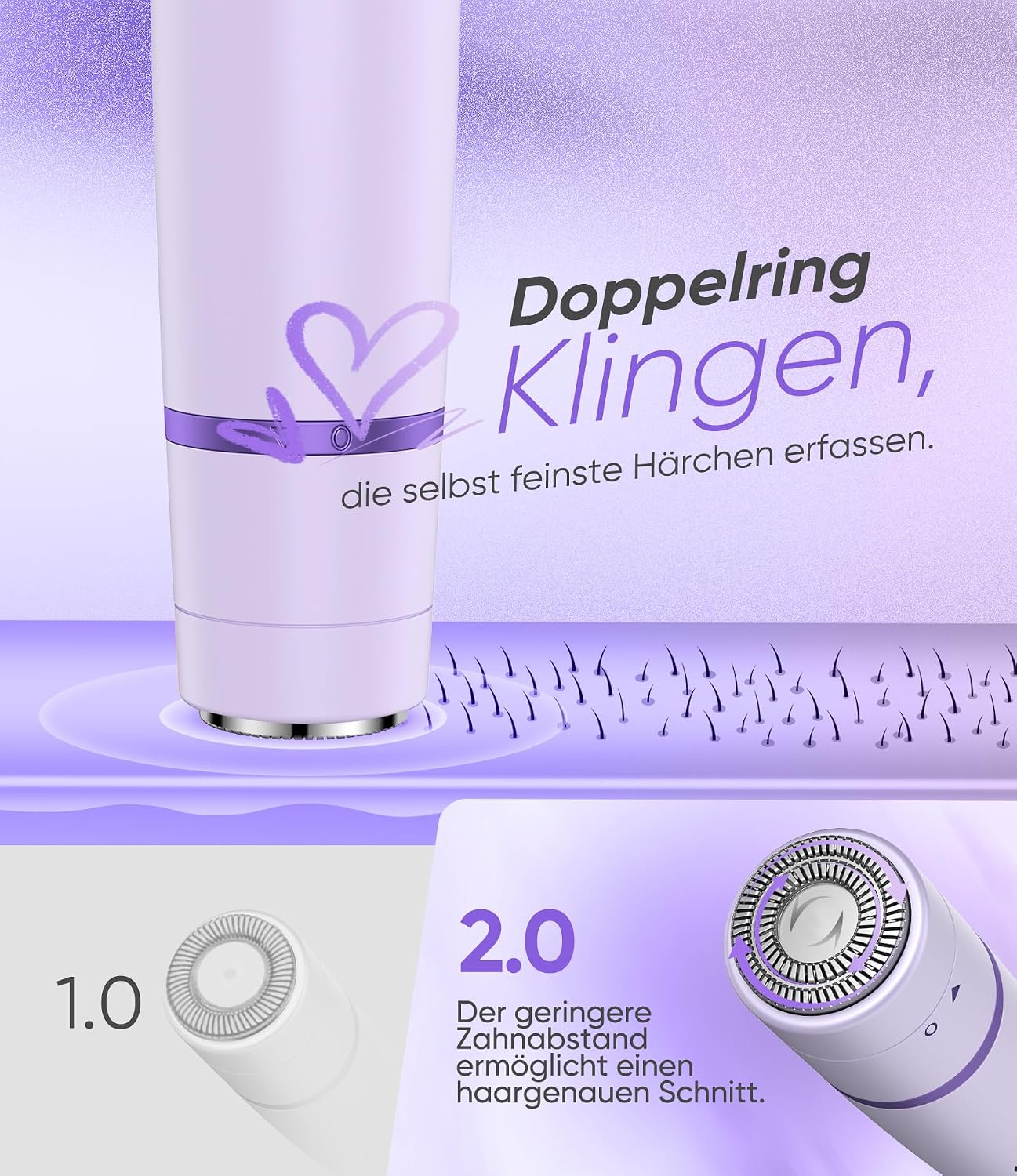 Lila Epilierer mit Doppelringklingen, die feine Härchen erfassen.
