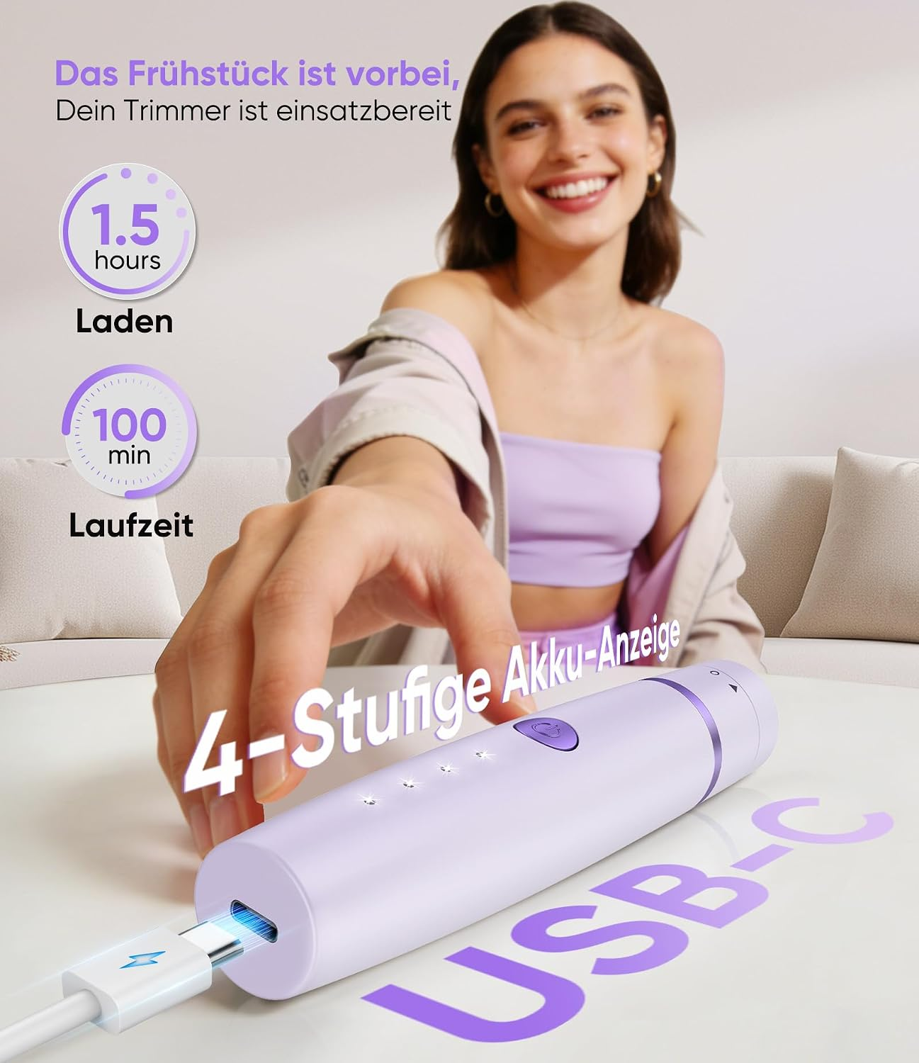 Eine Frau lächelt, während ein violetter USB-C-Trimmer lädt, Ladezeit 1,5 Std., Laufzeit 100 Min.