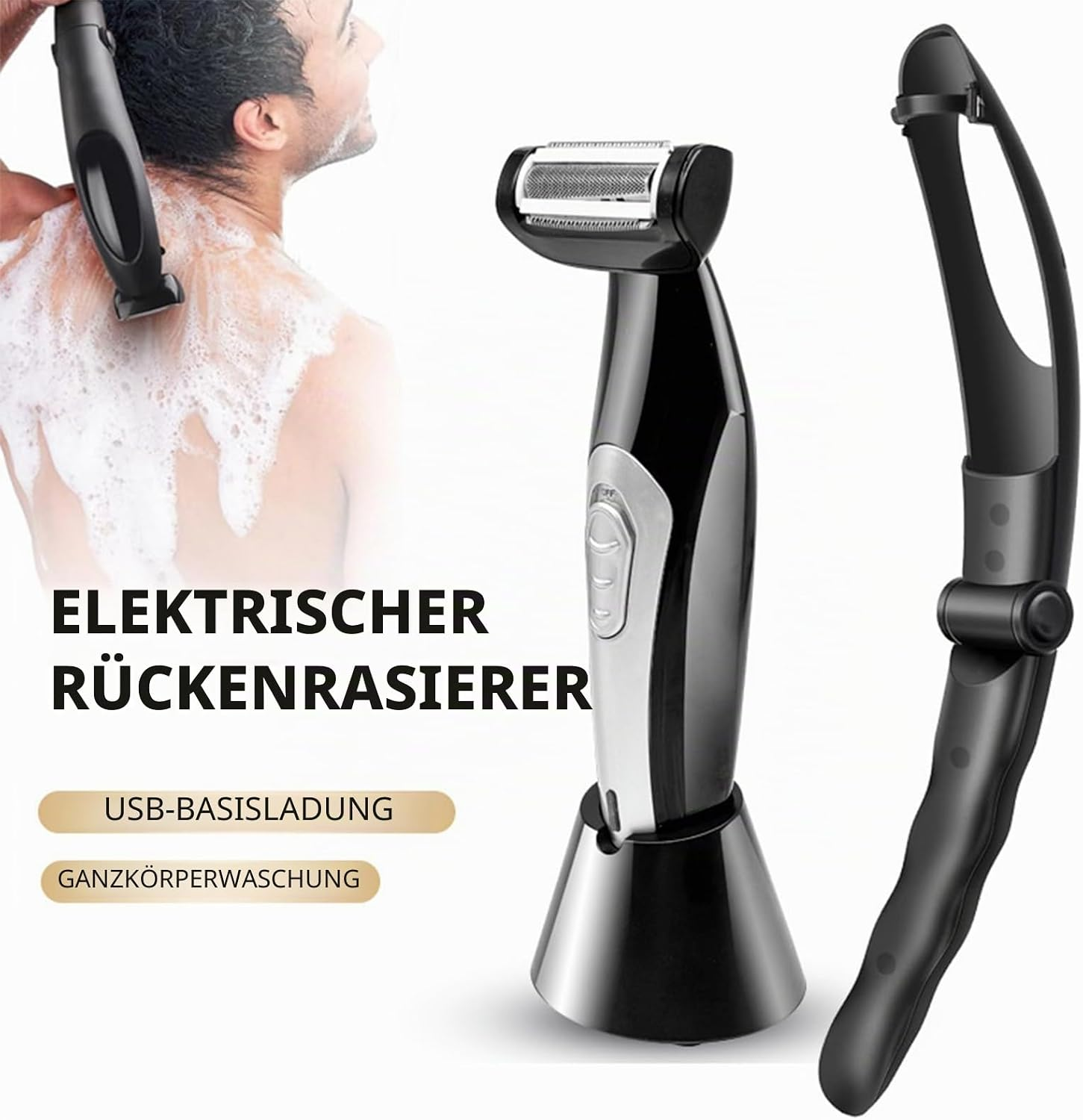 Elektrischer Rückenrasierer mit USB-Ladung und Ganzkörperwäsche.