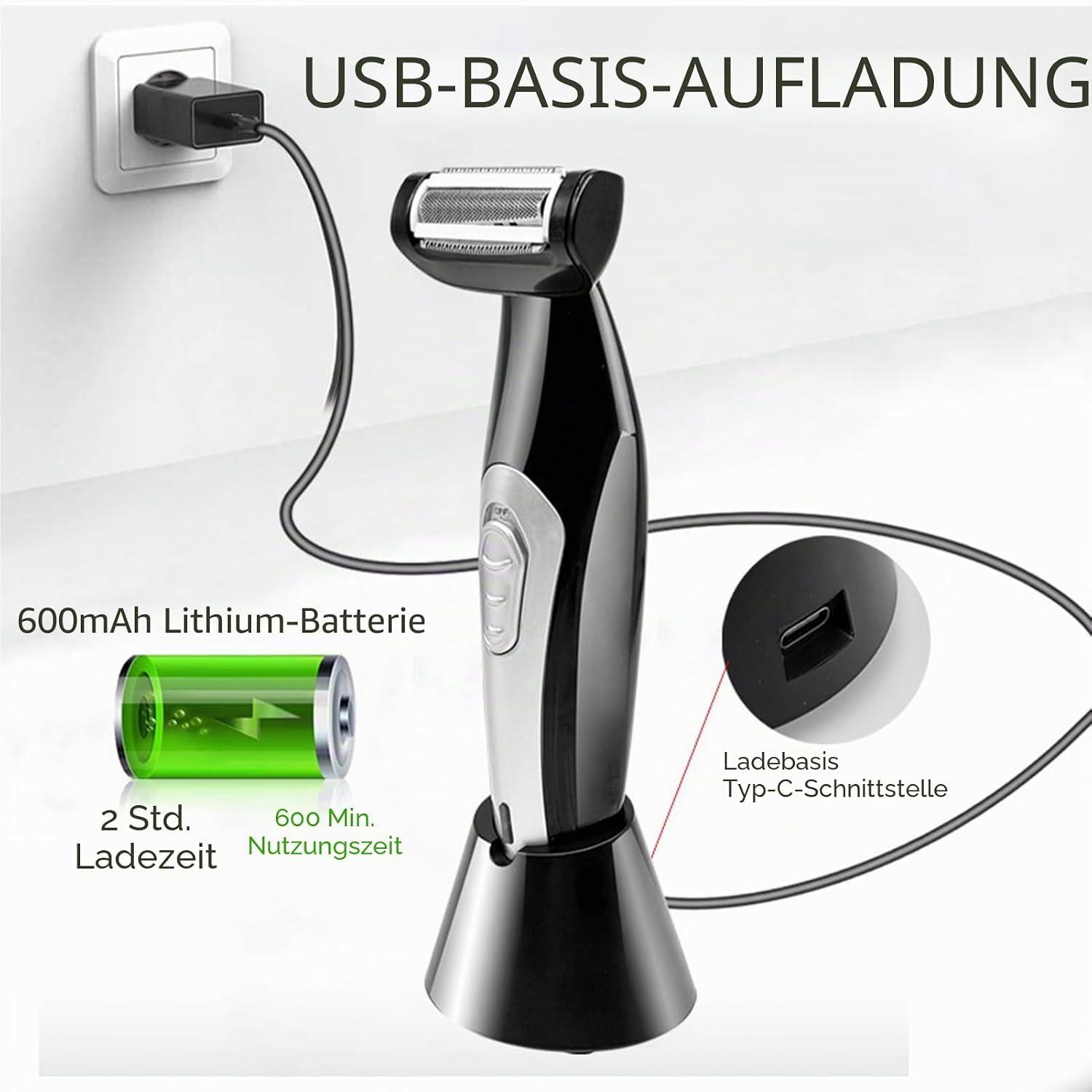 Elektrorasierer mit USB-Ladestation, 600mAh Akku, 2h Ladezeit, 600min Laufzeit.