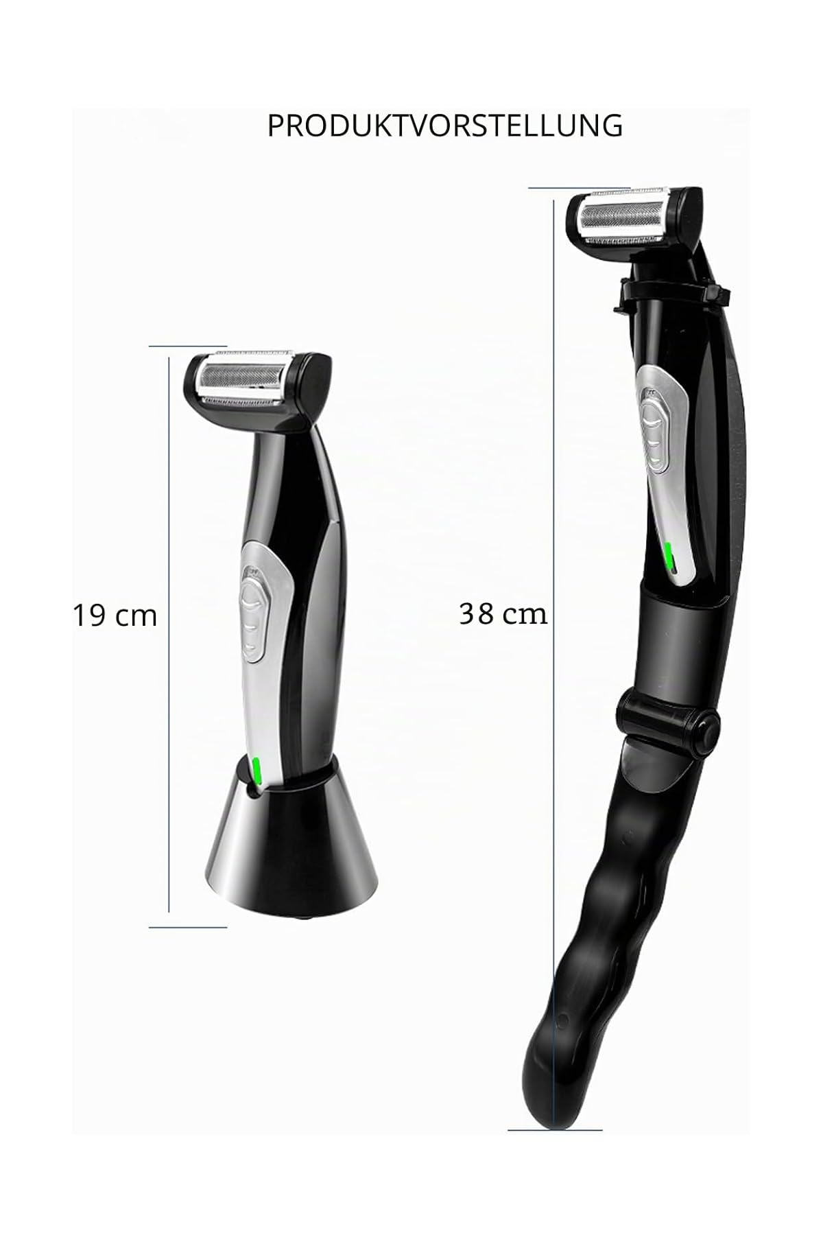 Zwei schwarze Rasierer, einer 19 cm, der andere 38 cm lang, mit Ladebasis.