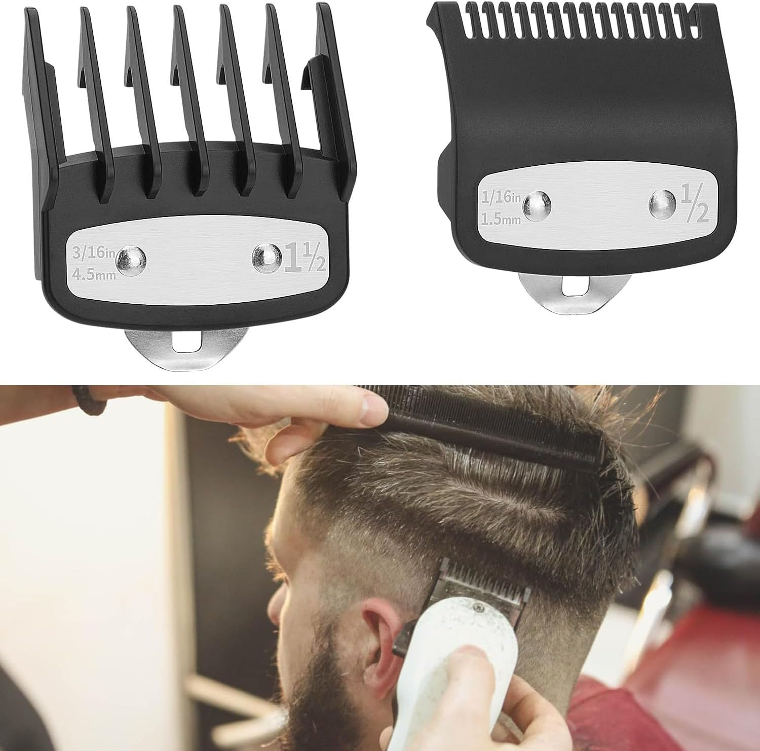 Aufsteckkämme für Haarschneider und ein Mann wird von einem Friseur die Haare geschnitten.