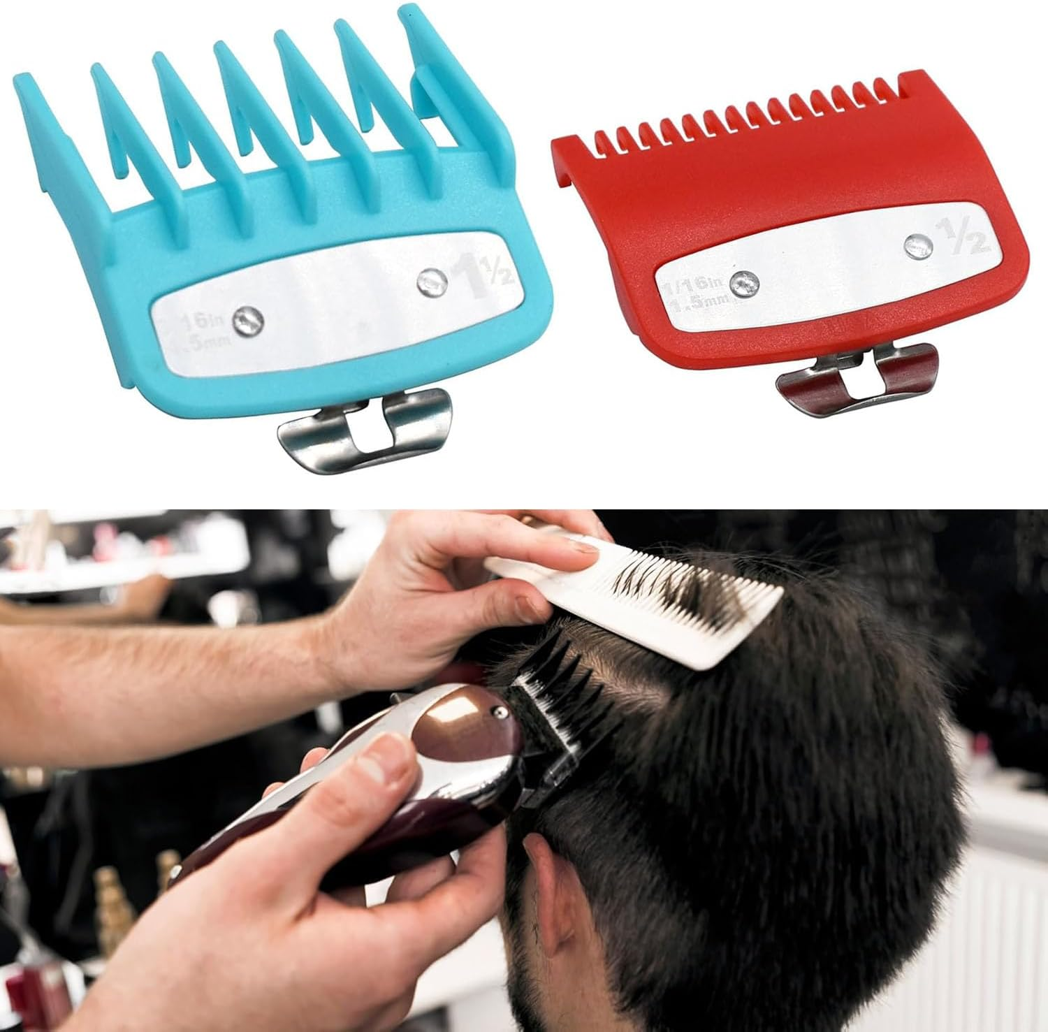 Zwei Aufsteckkämme für Haarschneidemaschinen, einer blau, einer rot, und ein Friseur schneidet einem Kunden die Haare.