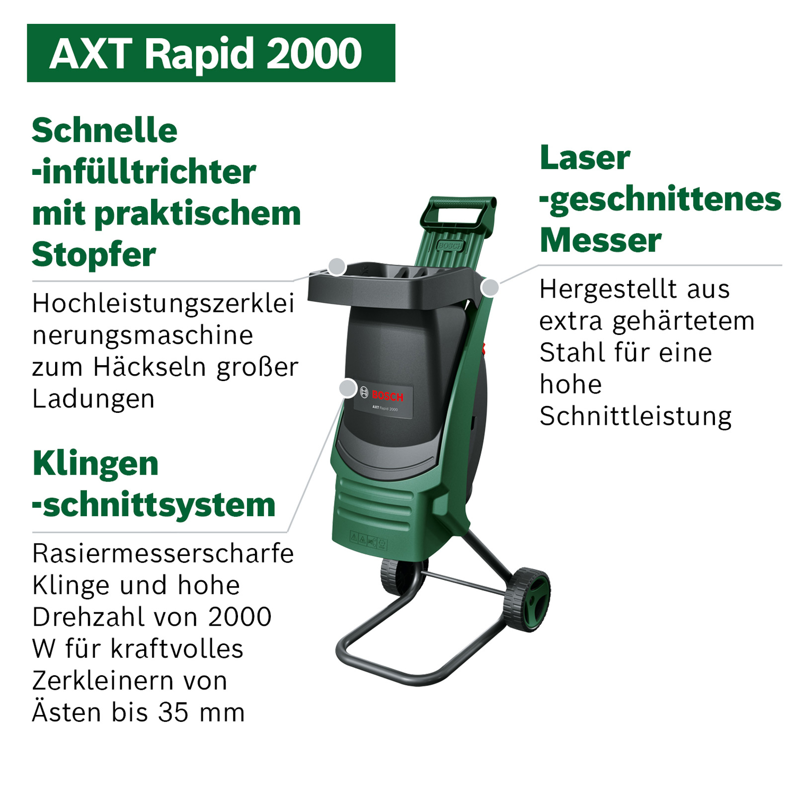 Grüne Bosch AXT Rapid 2000 Häcksler mit Trichter und Rädern.