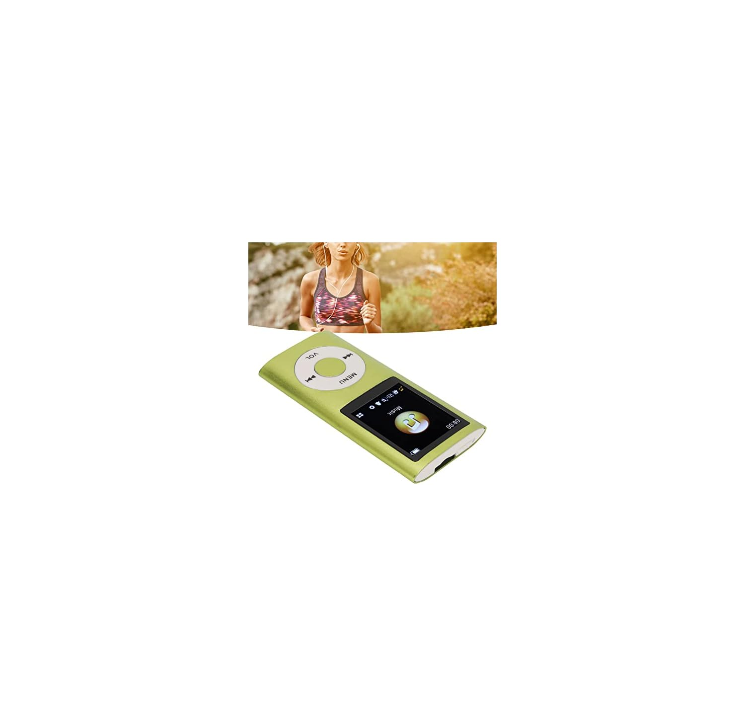 Ein grüner MP3-Player liegt vor einem Läufer im Freien.