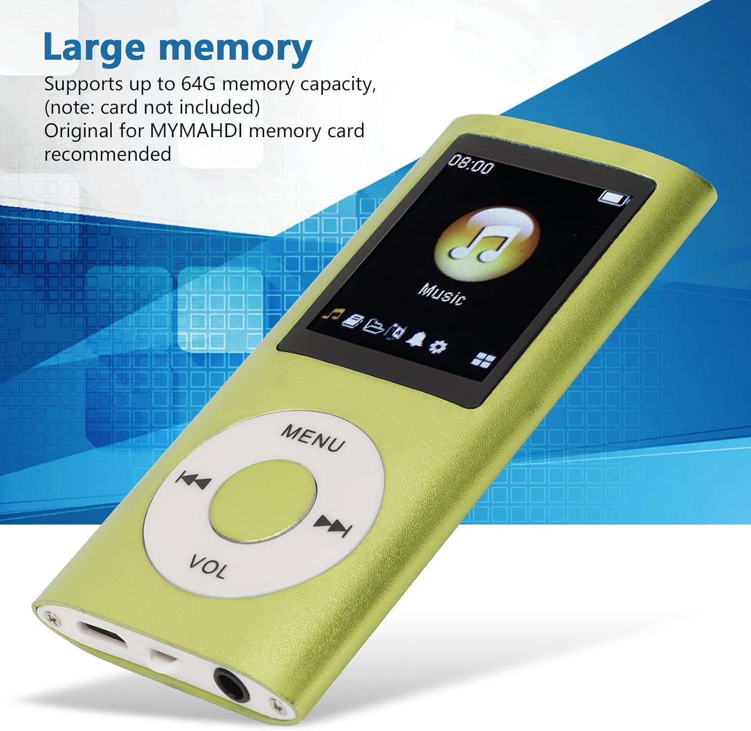 Ein grüner MP3-Player mit Musik-Symbol auf dem Bildschirm und Bedienelementen.
