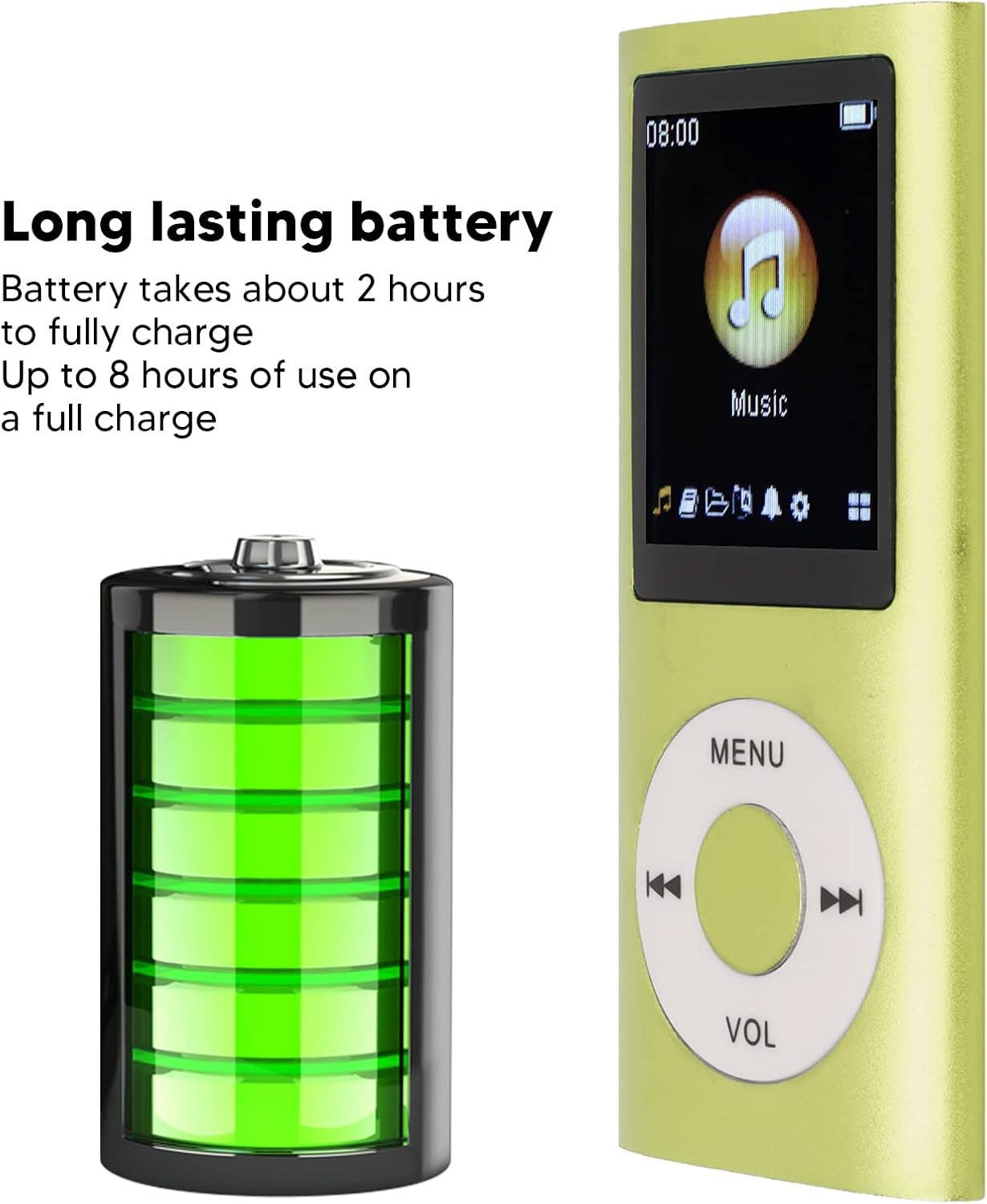 Ein grüner MP3-Player mit Musiksymbol und eine Batterieanzeige.