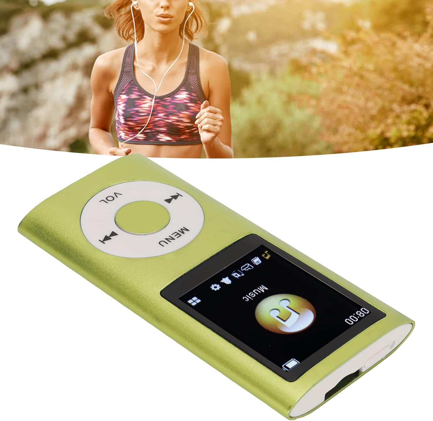 Grüner MP3-Player mit Bildschirm, im Vordergrund. Läufer im Hintergrund.