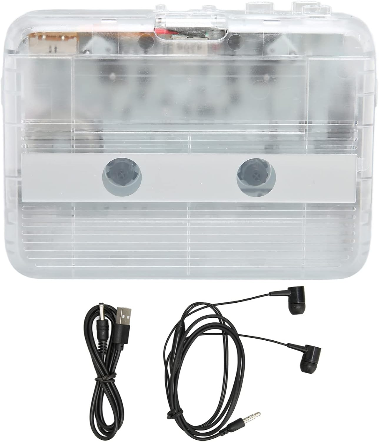Transparenter Kassettenrekorder mit USB-Kabel und Kopfhörern.