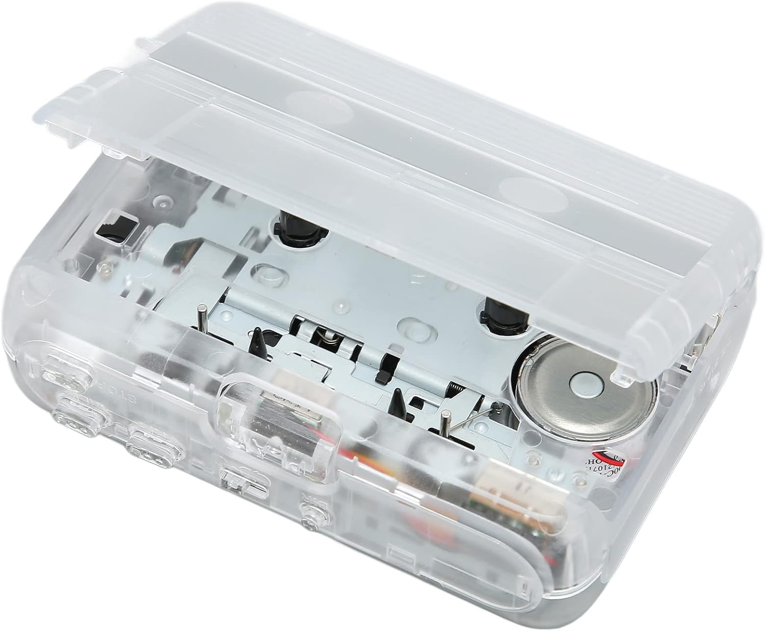 Ein transparenter Kassettenrekorder mit offenem Deckel, der Mechanik und Batterie zeigt.