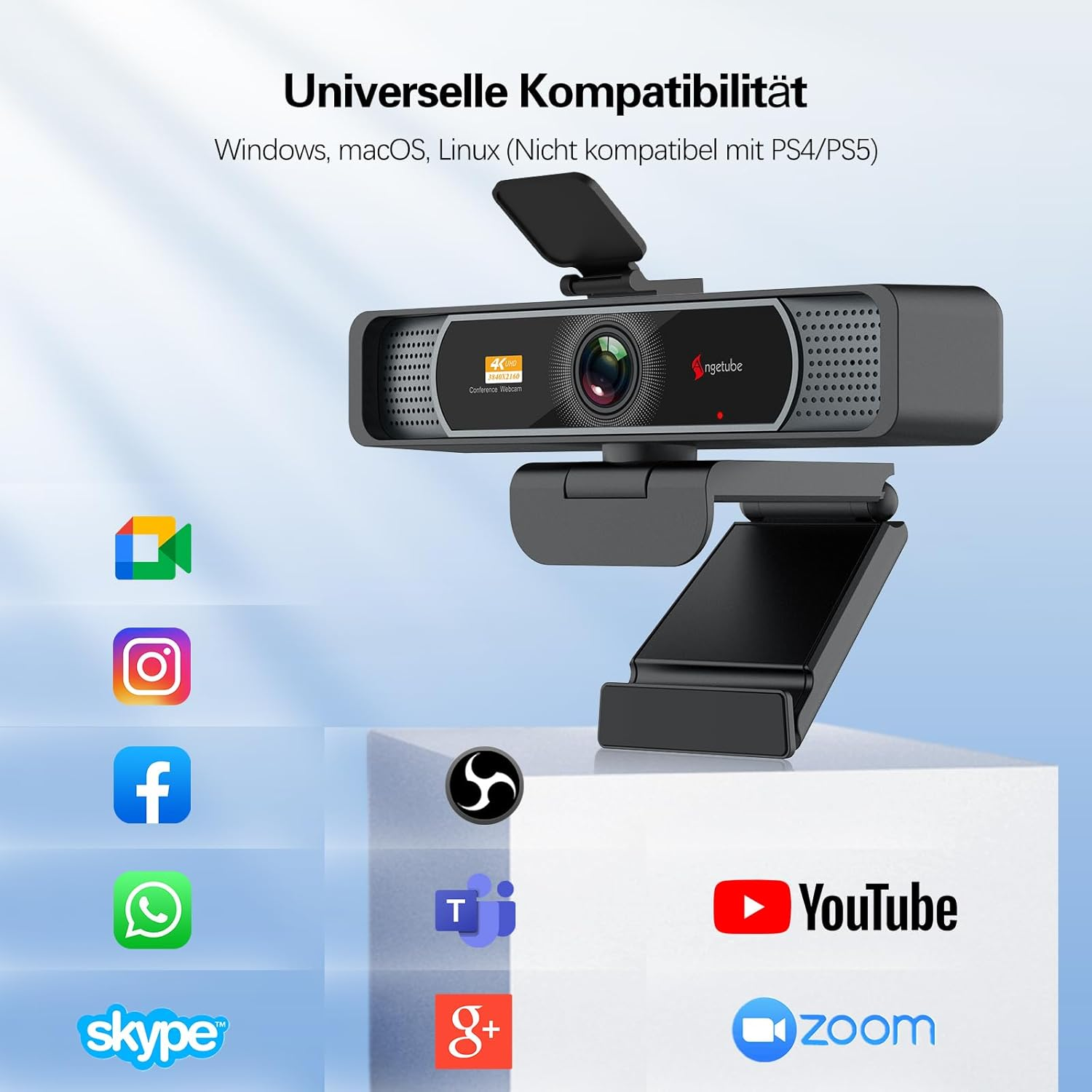 4K Webcam mit Apps wie YouTube, Zoom, Skype, Instagram, Facebook, Teams.
