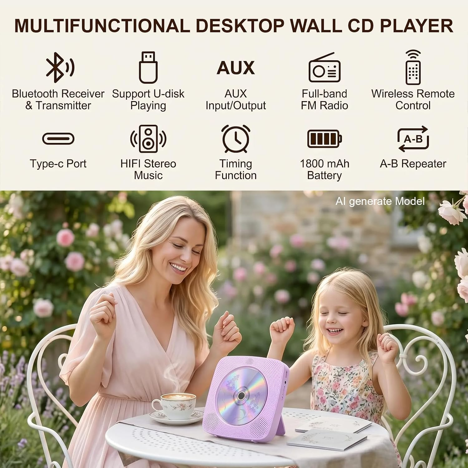 Eine Frau und ein Kind sitzen draußen an einem Tisch mit einem lila CD-Player. Text darüber listet seine Funktionen auf.