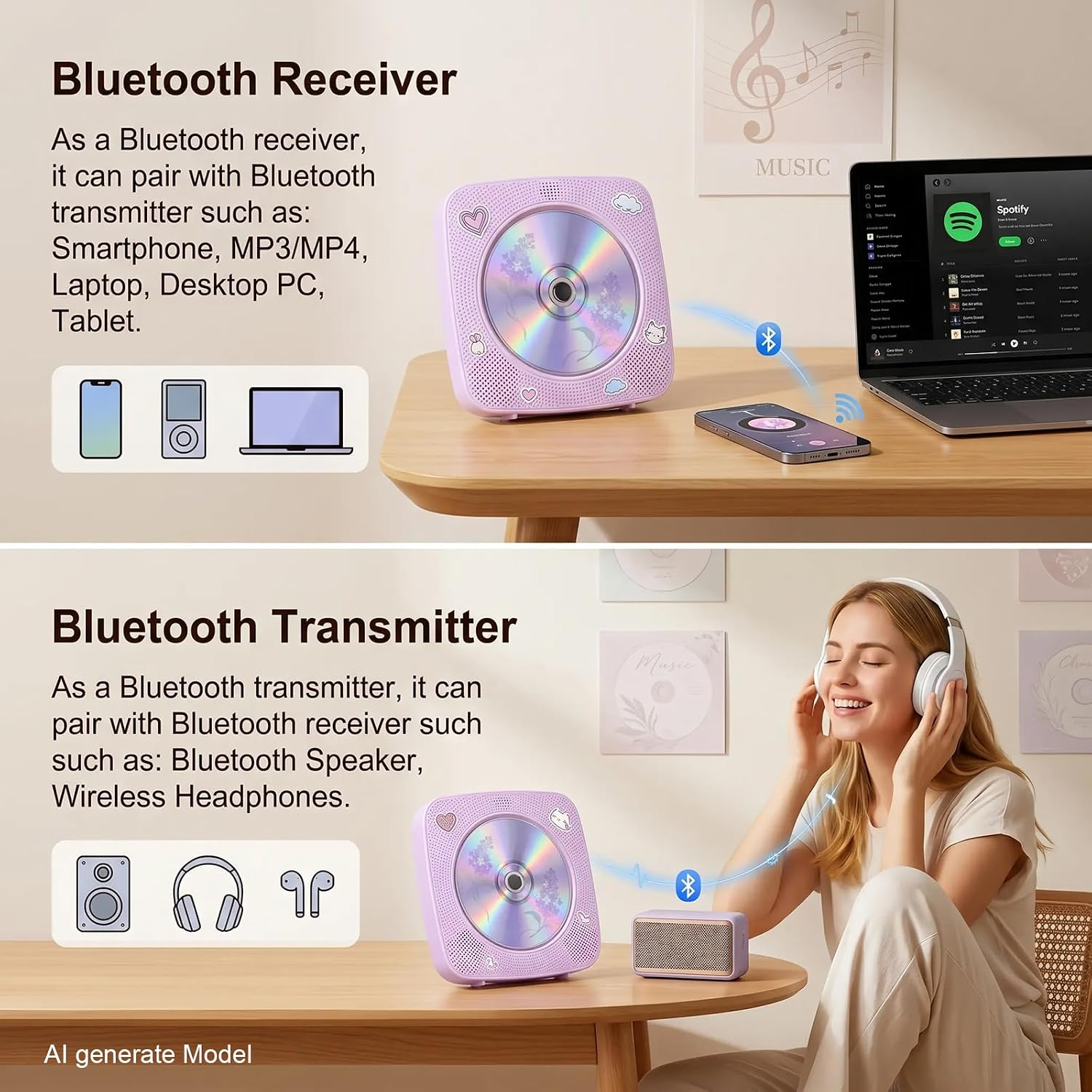 Lila CD-Player verbindet sich mit Smartphone und Laptop per Bluetooth.