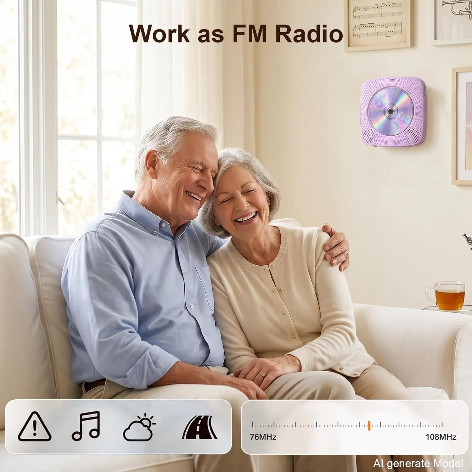 Älteres Paar auf einem Sofa, lila CD-Player an der Wand, Fenster im Hintergrund.