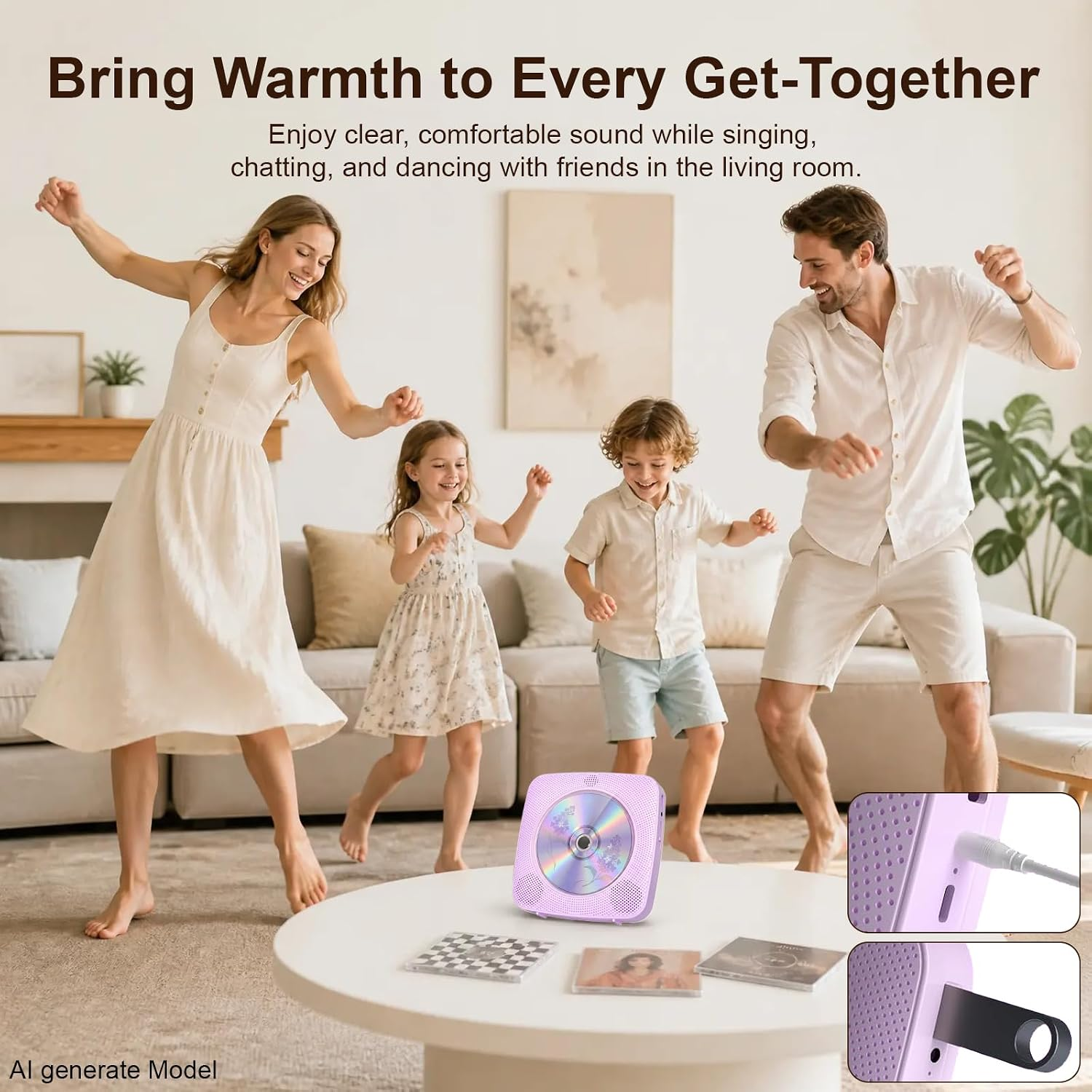Familie tanzt im Wohnzimmer zu Musik von einem CD-Player.