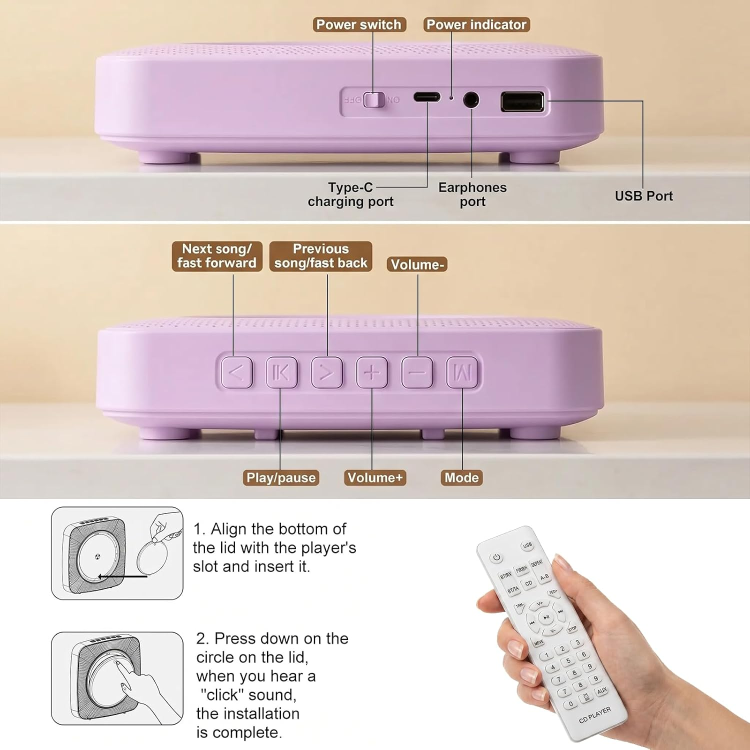 Lila CD-Player mit Fernbedienung, Ladeanschluss, Kopfhöreranschluss, USB-Anschluss und Tasten.