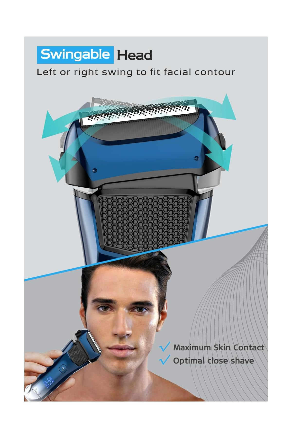 Blauer Rasierer mit schwenkbarem Kopf und einem Mann, der ihn benutzt.