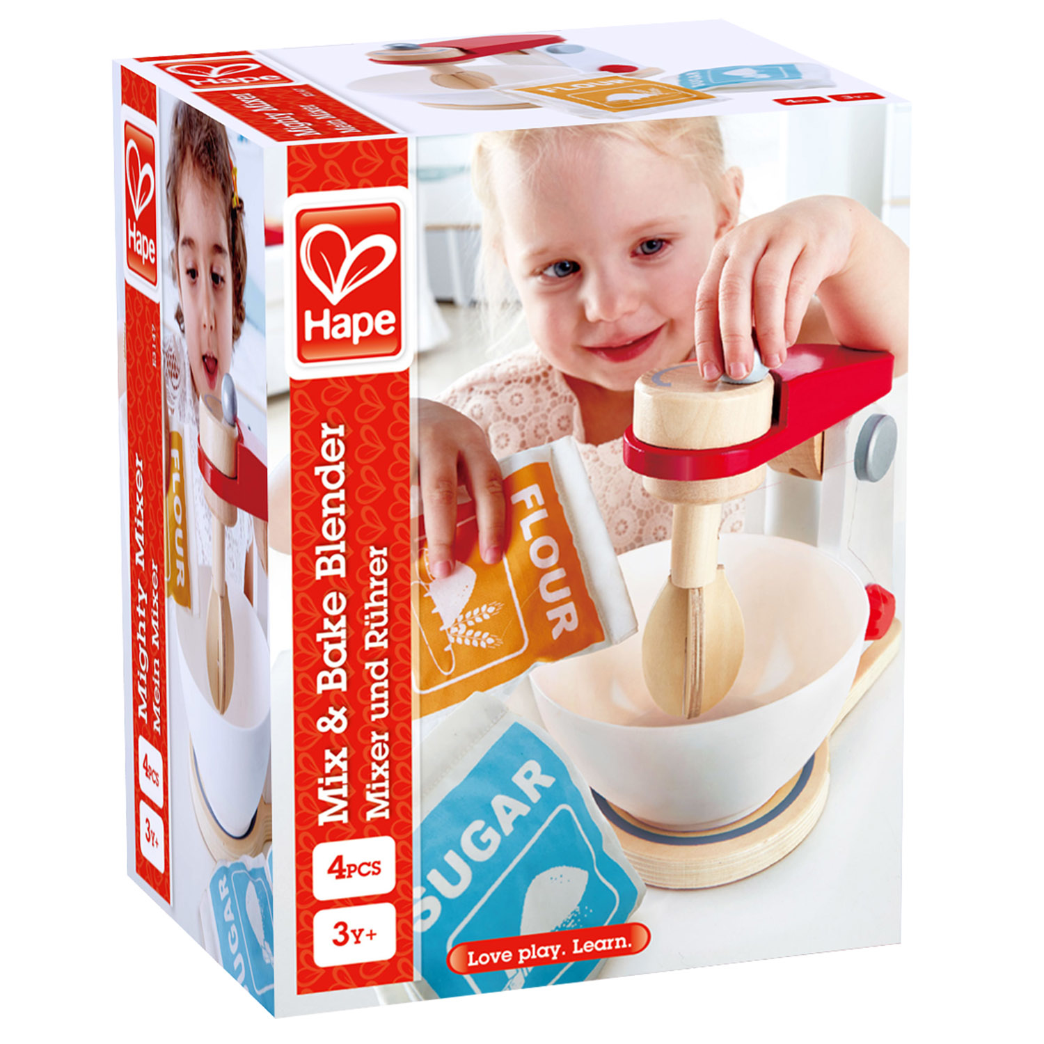 Hape Mix & Bake Blender Spielzeugkiste zeigt ein Mädchen mit einem roten und Holzmixer, Mehl und Zuckerbeuteln.