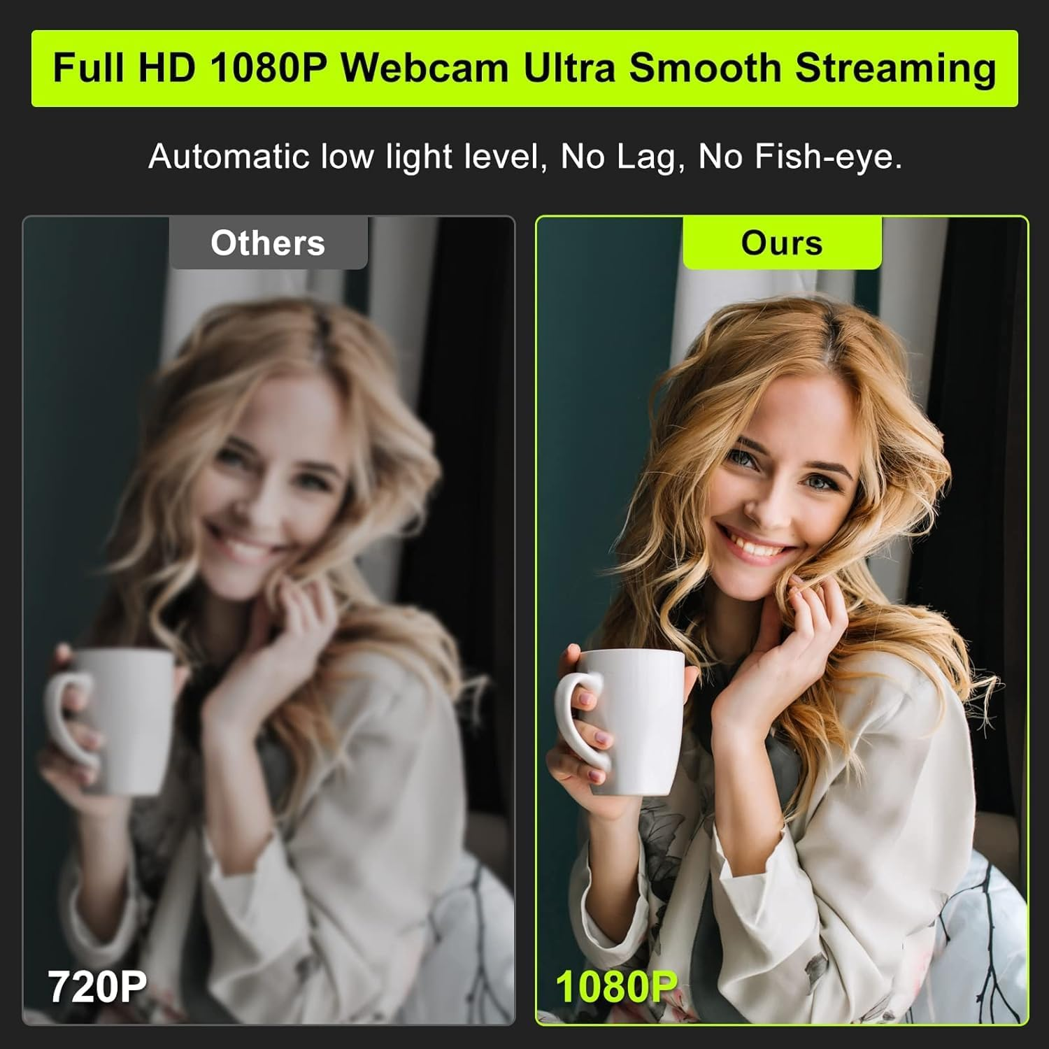Geteiltes Bild: Links unscharfe 720P, rechts klare 1080P einer Frau mit Tasse.