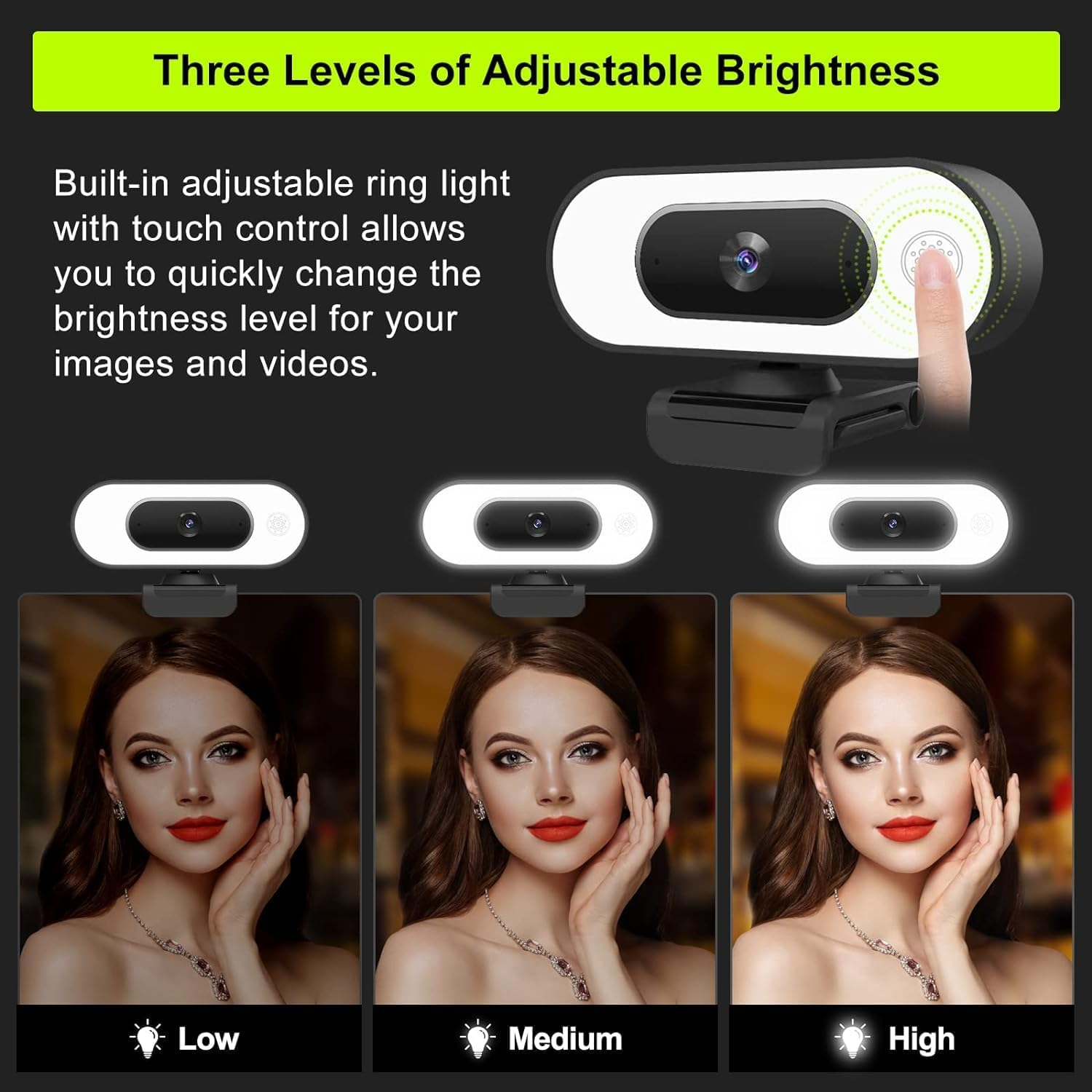 Webcam mit Ringlicht, drei Helligkeitsstufen: niedrig, mittel, hoch.