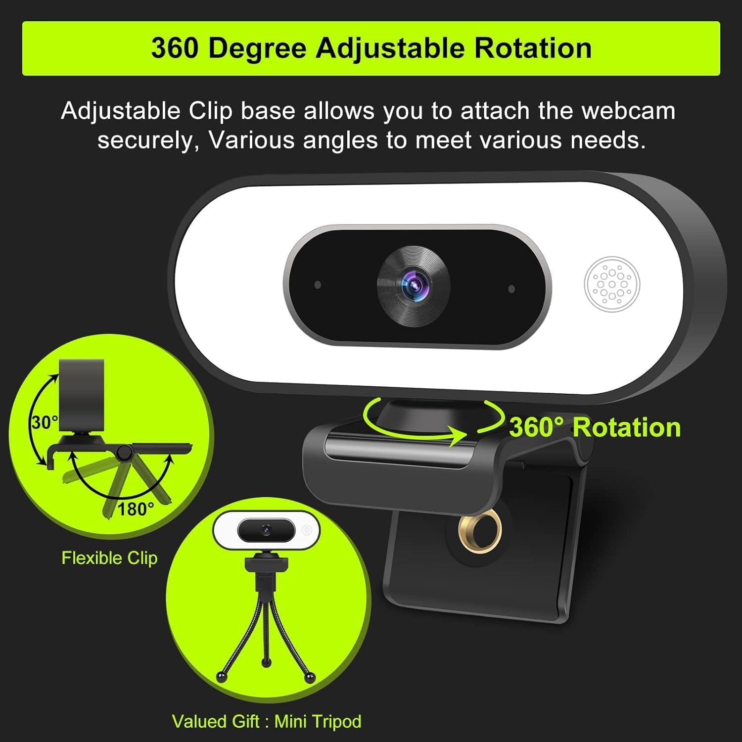 Eine Webcam mit flexibler Klemme und Mini-Stativ, 360 Grad drehbar.