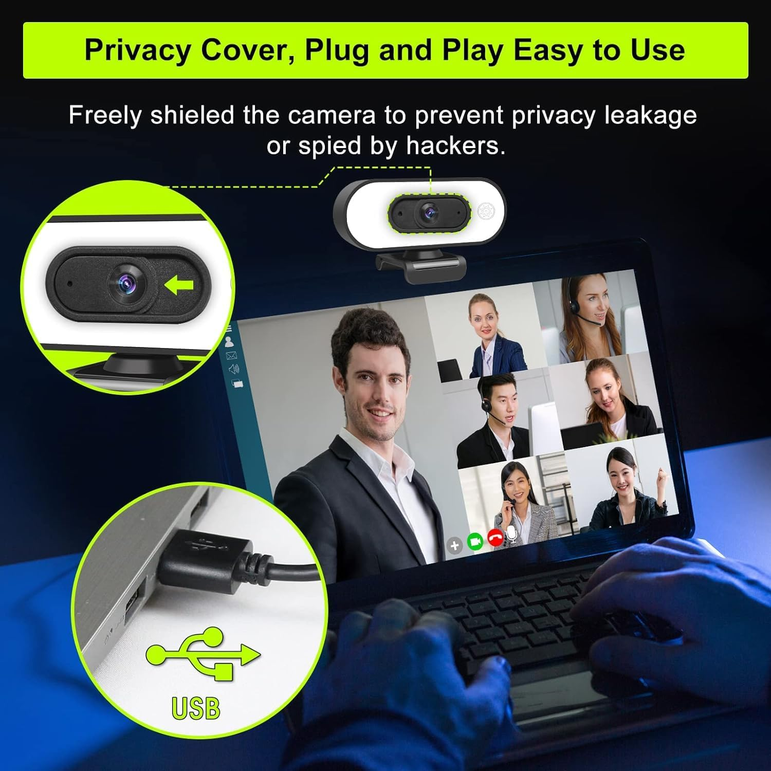 Webcam mit USB-Anschluss, die an einen Laptop angeschlossen ist, zeigt ein Videoanruf-Meeting.