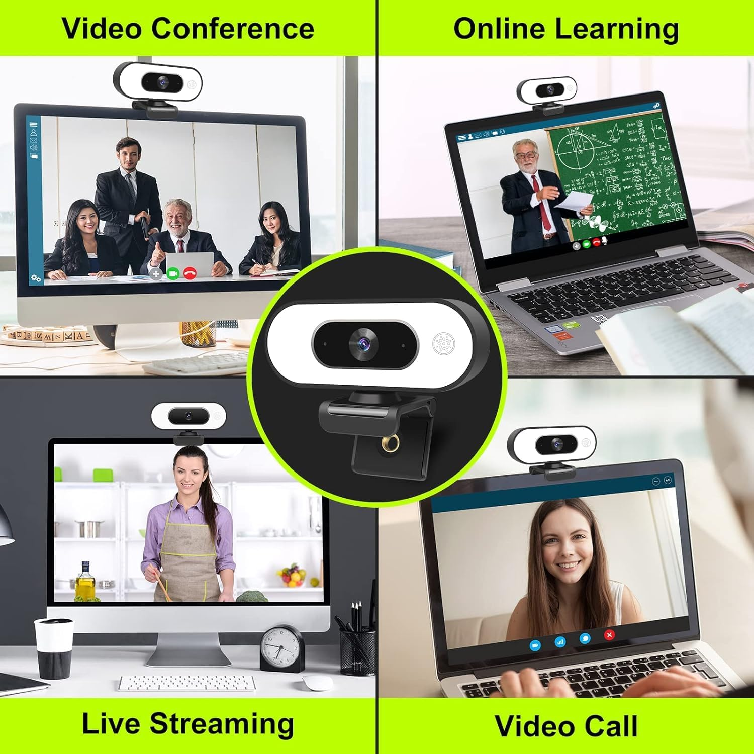 Vier Szenen: Videokonferenz, Online-Lernen, Live-Streaming, Videoanruf mit Webcams.