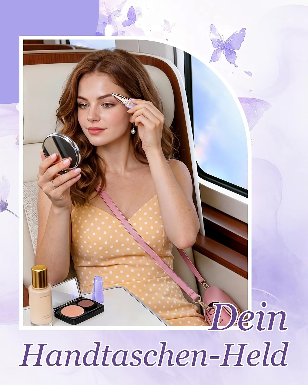 Eine Frau in einem gelben gepunkteten Kleid benutzt einen Augenbrauentrimmer und einen Spiegel in einem Zug, mit Make-up auf einem Tisch.