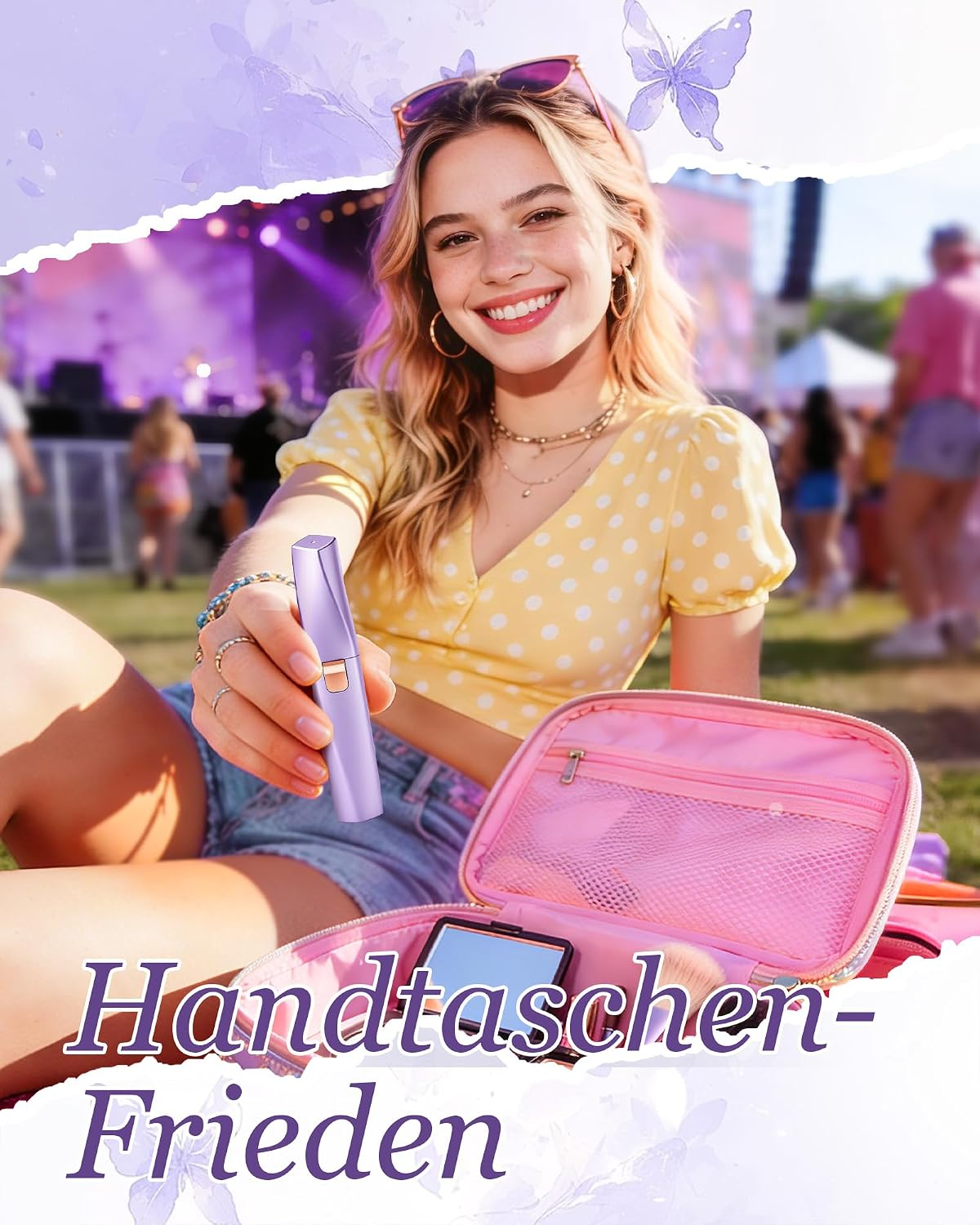 Lächelnde Frau in Gelb mit lila Epilierer und Kosmetiktasche im Freien.