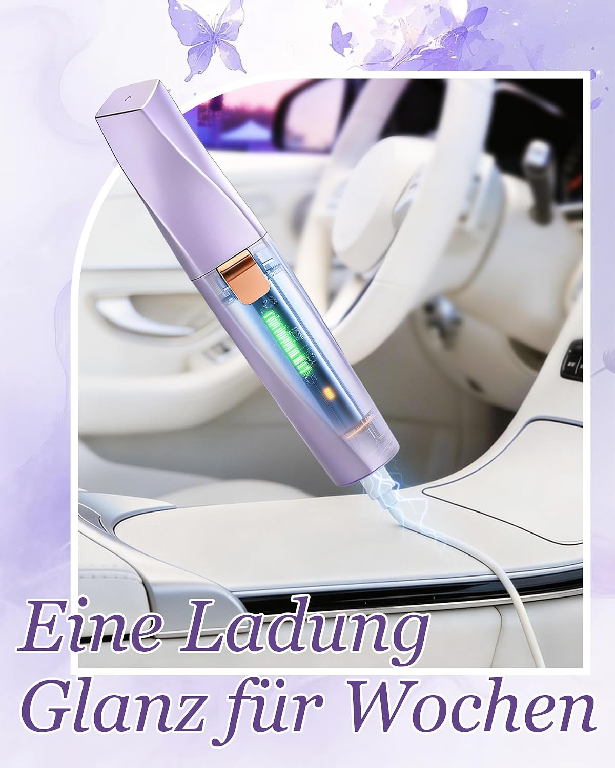 Lila Ladegerät mit Batteriestandsanzeige im Auto, mit Schmetterlingsdekor.