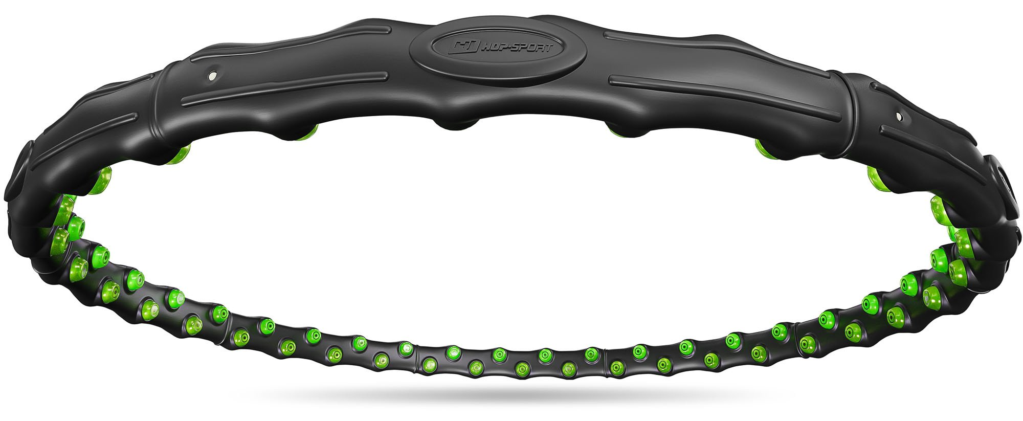 Ein schwarzer Hula-Hoop-Reifen mit grünen Rollen. Der Reifen hat ein Logo mit der Aufschrift 'HOP-SPORT'.