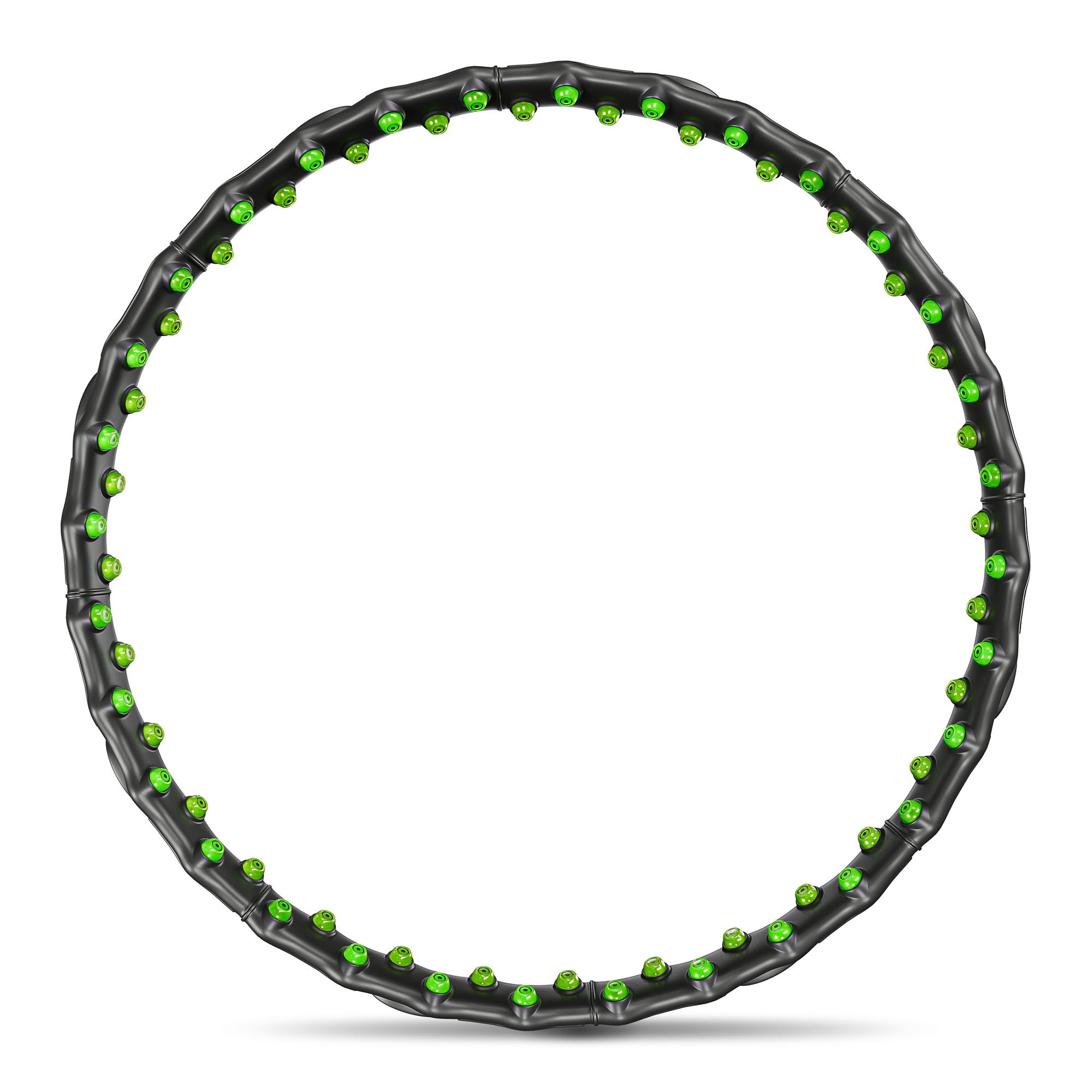 Schwarzer Hula-Hoop-Reifen mit grünen Noppen, auf weißem Hintergrund.