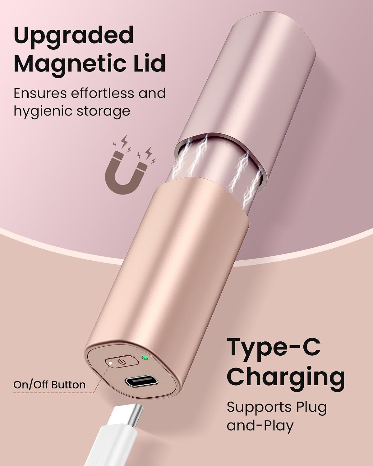 Ein roségoldener Ladebehälter mit magnetischem Deckel und Typ-C-Anschluss.