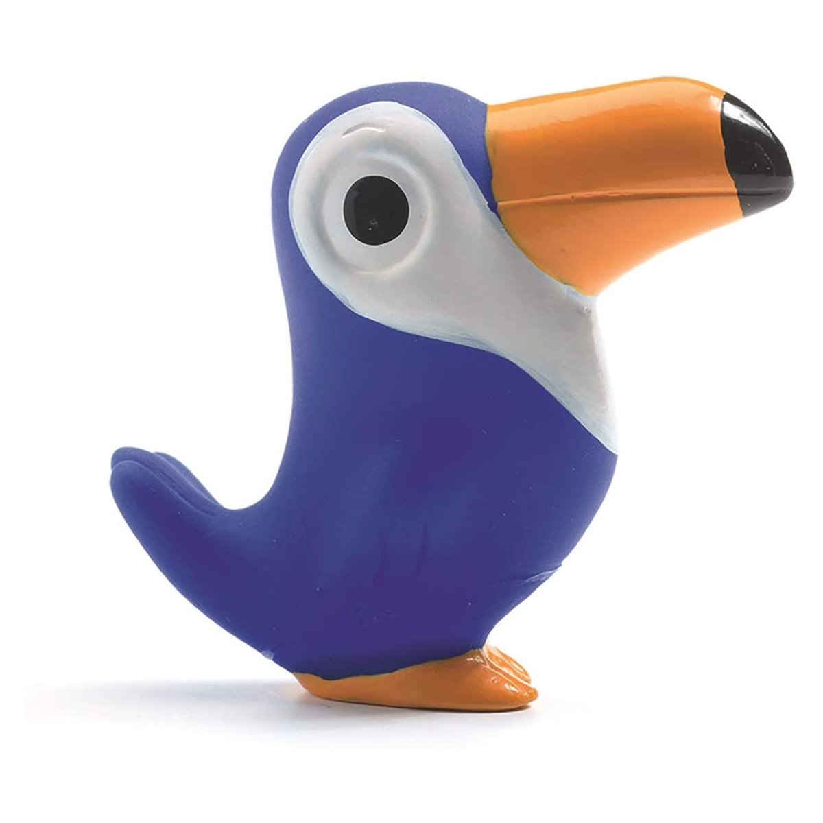 Ein blauer Vogel mit orange-schwarzem Schnabel und weißen Akzenten.