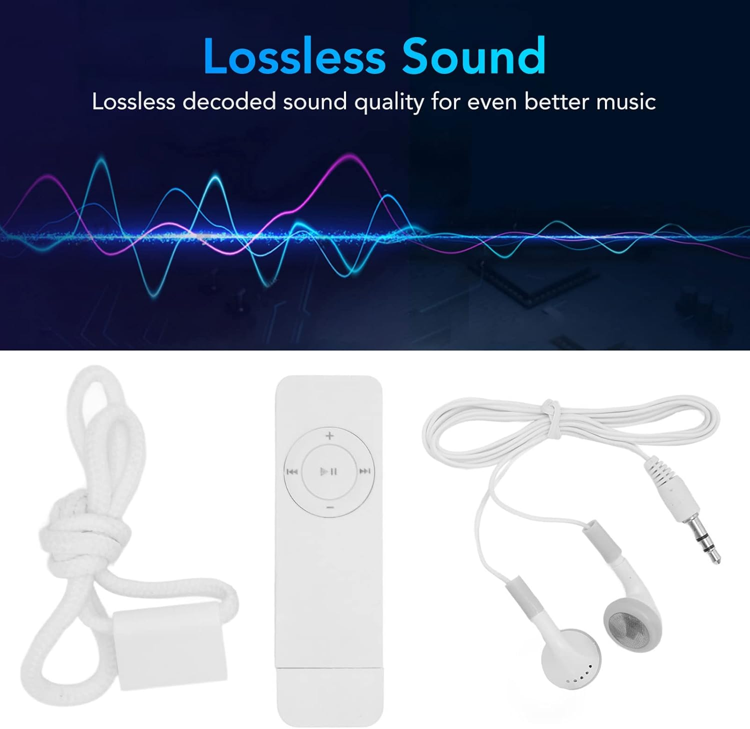 Ein weißes Ladekabel, ein weißer MP3-Player mit Steuerung und weiße Kopfhörer.