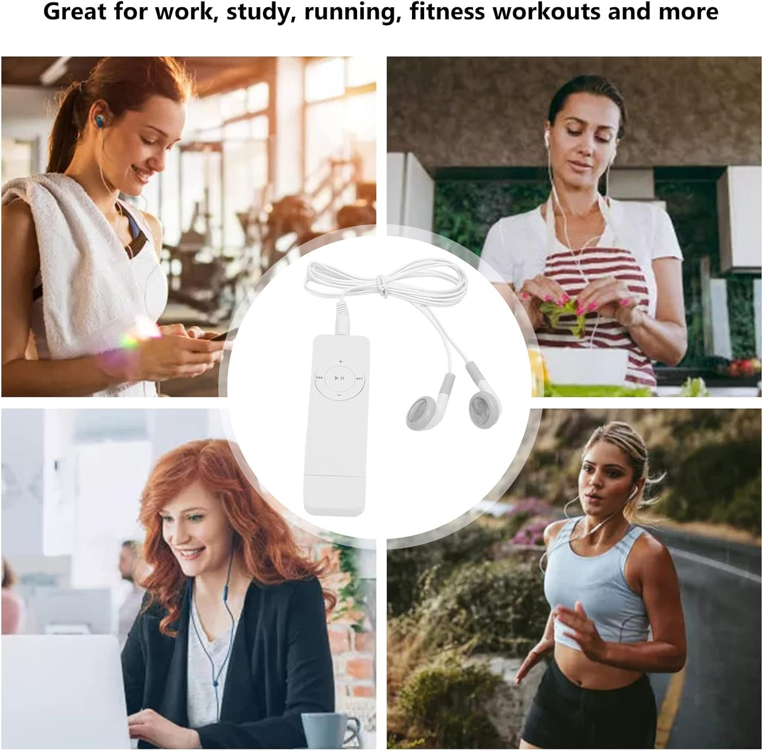 Collage von Personen, die MP3-Player und Ohrhörer für Arbeit, Studium, Fitness und Laufen verwenden.